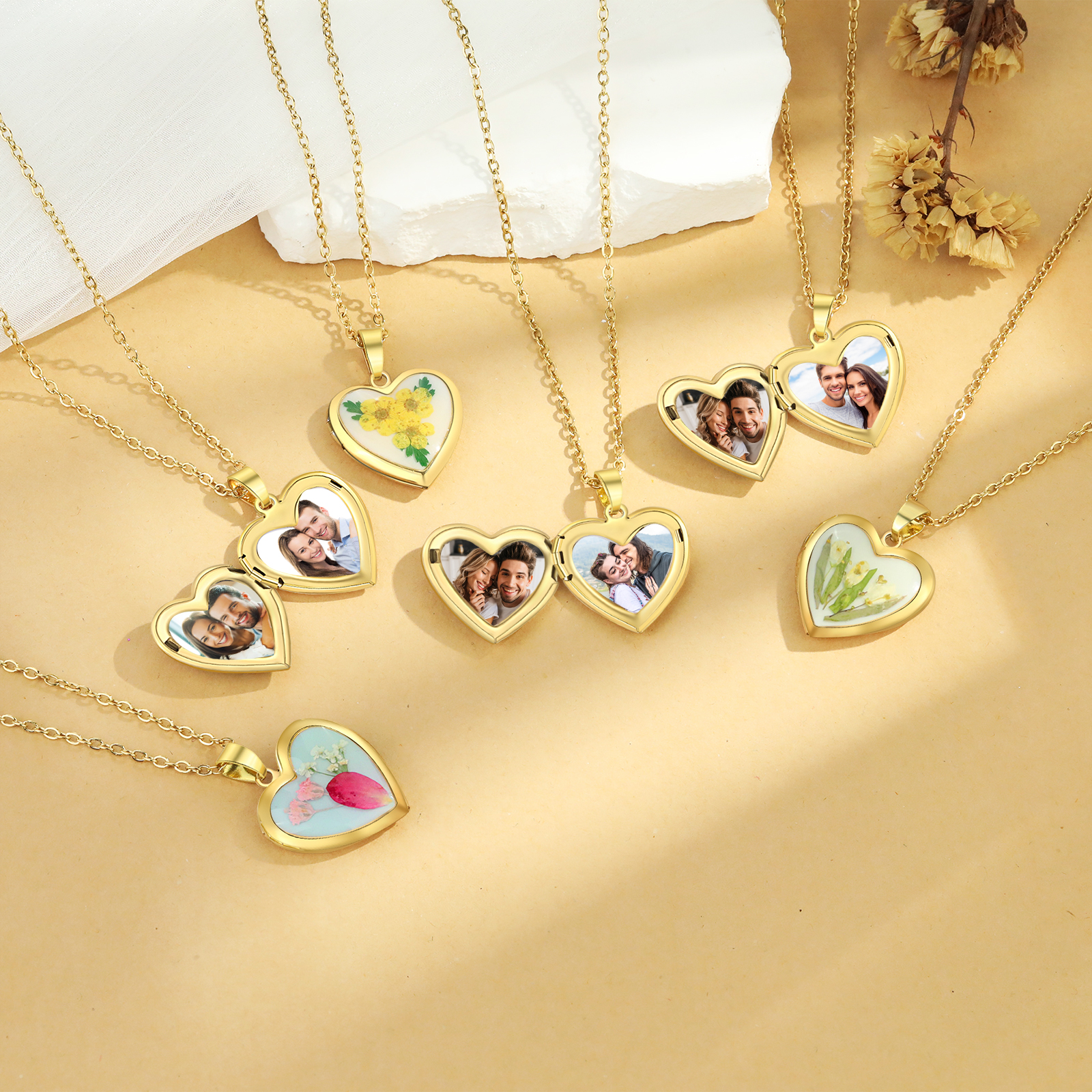 Personalised Heart Shaped Locket Necklace Custom 2 Photos with Birth Flowers Romantic Gift for Her | Jessemde