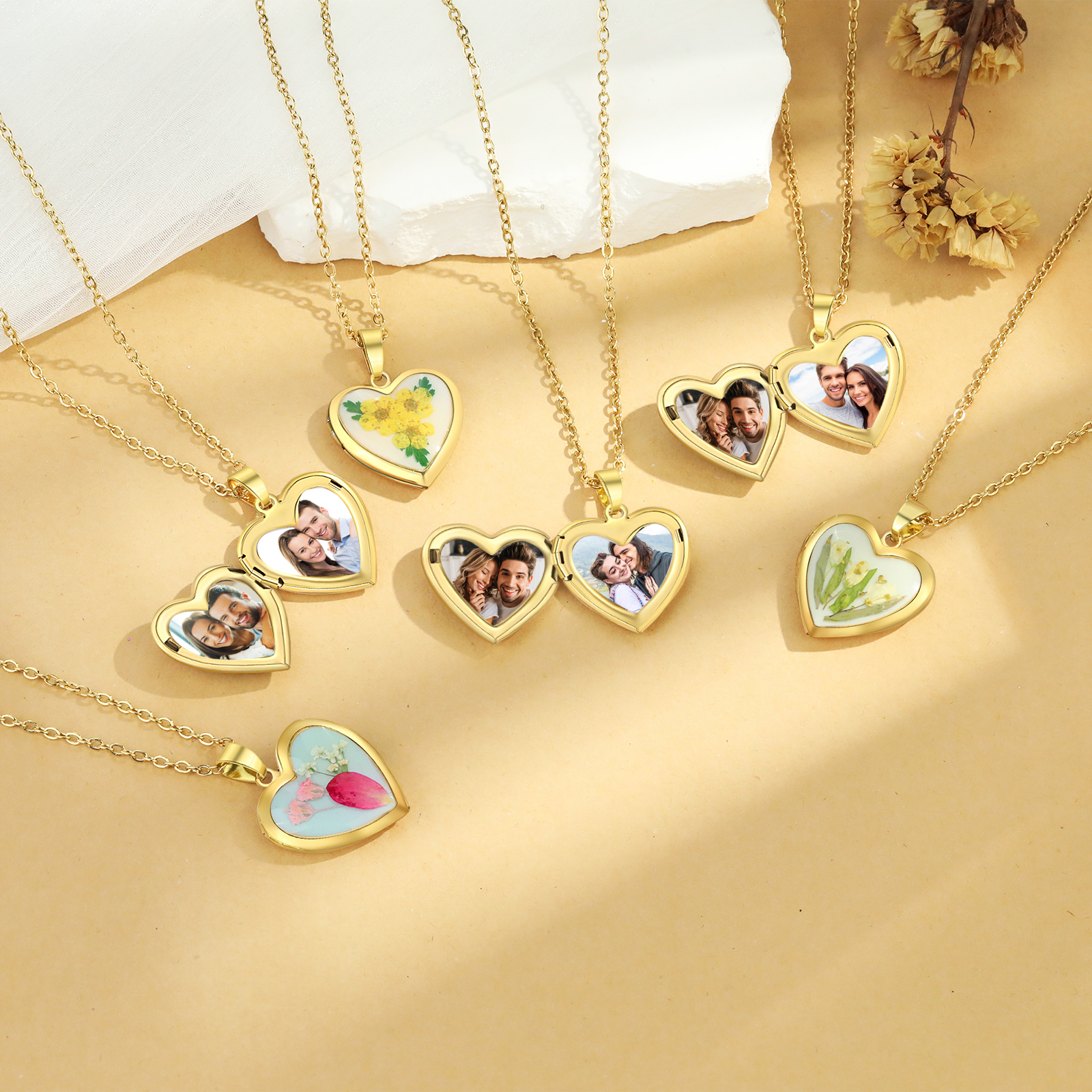 Personalised Heart Shaped Locket Necklace Custom 2 Photos with Birth Flowers Romantic Gift for Her | Jessemde