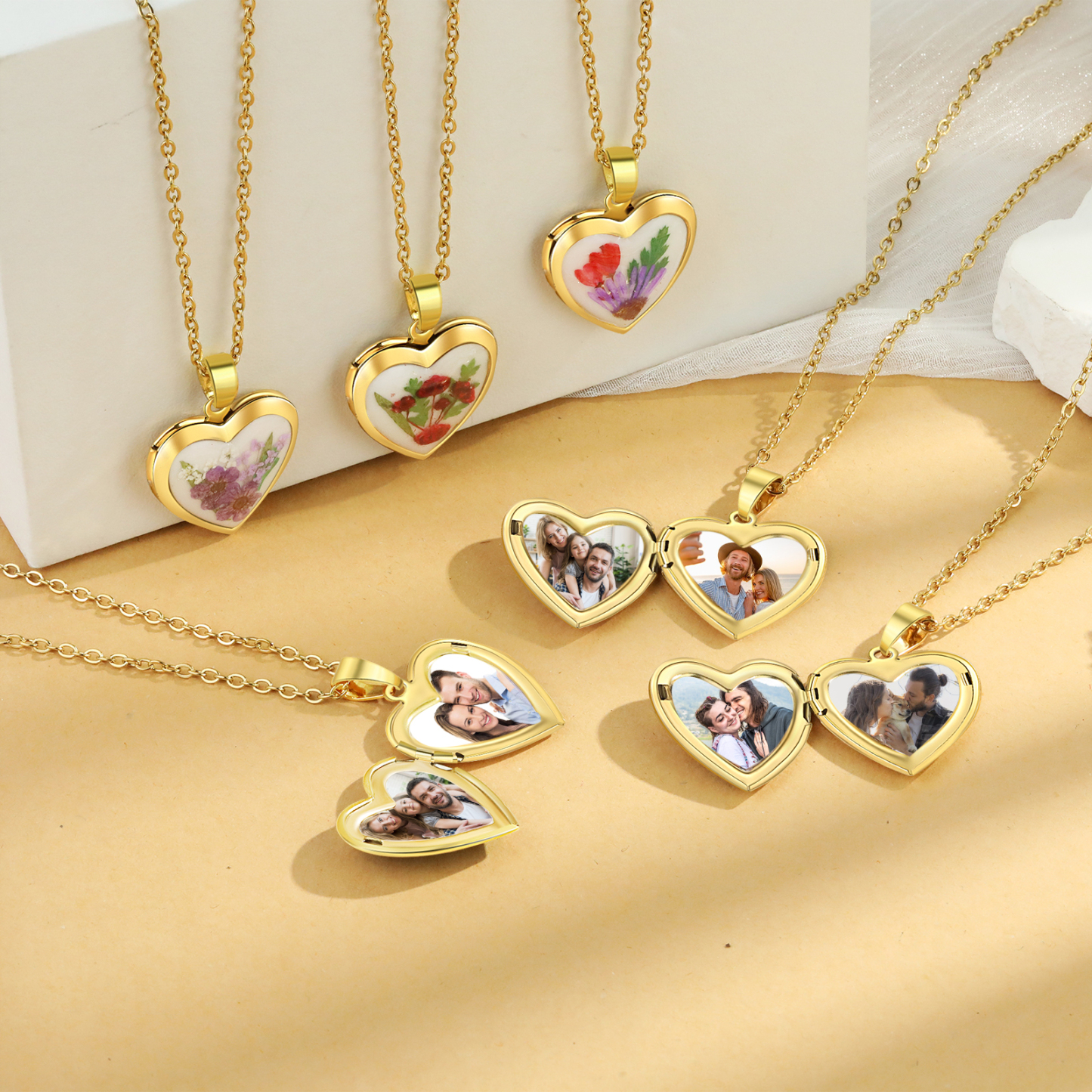 Personalised Heart Shaped Locket Necklace Custom 2 Photos with Birth Flowers Romantic Gift for Her | Jessemde