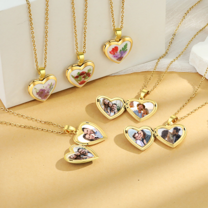 Personalised Heart Shaped Locket Necklace Custom 2 Photos with Birth Flowers Romantic Gift for Her | Jessemde
