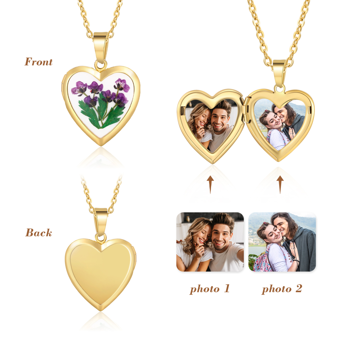Personalised Heart Shaped Locket Necklace Custom 2 Photos with Birth Flowers Romantic Gift for Her | Jessemde