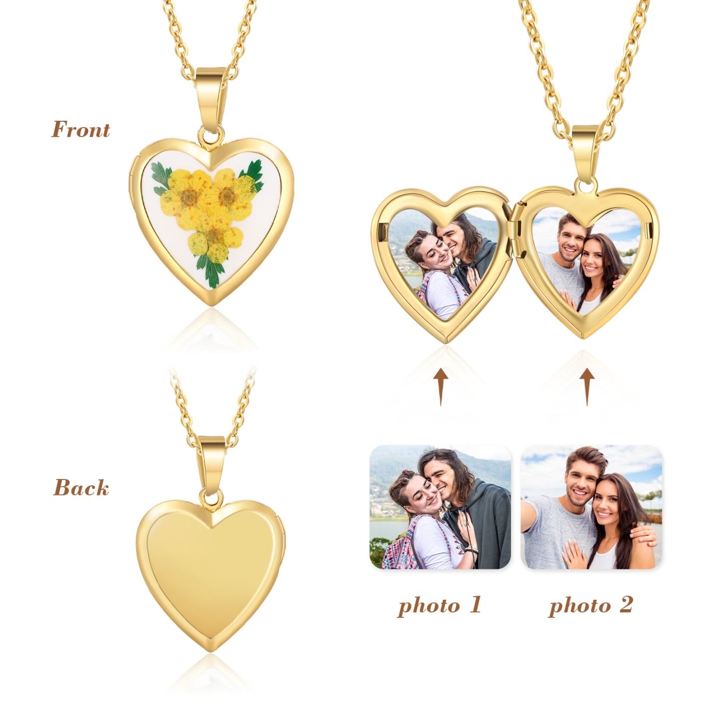 Personalised Heart Shaped Locket Necklace Custom 2 Photos with Birth Flowers Romantic Gift for Her | Jessemde