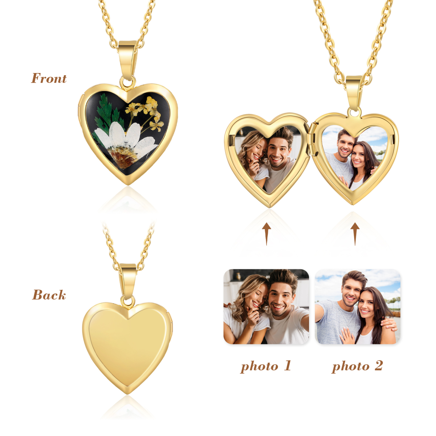 Personalised Heart Shaped Locket Necklace Custom 2 Photos with Birth Flowers Romantic Gift for Her | Jessemde