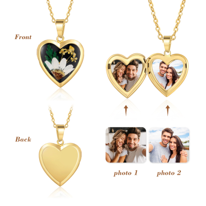 Personalised Heart Shaped Locket Necklace Custom 2 Photos with Birth Flowers Romantic Gift for Her | Jessemde