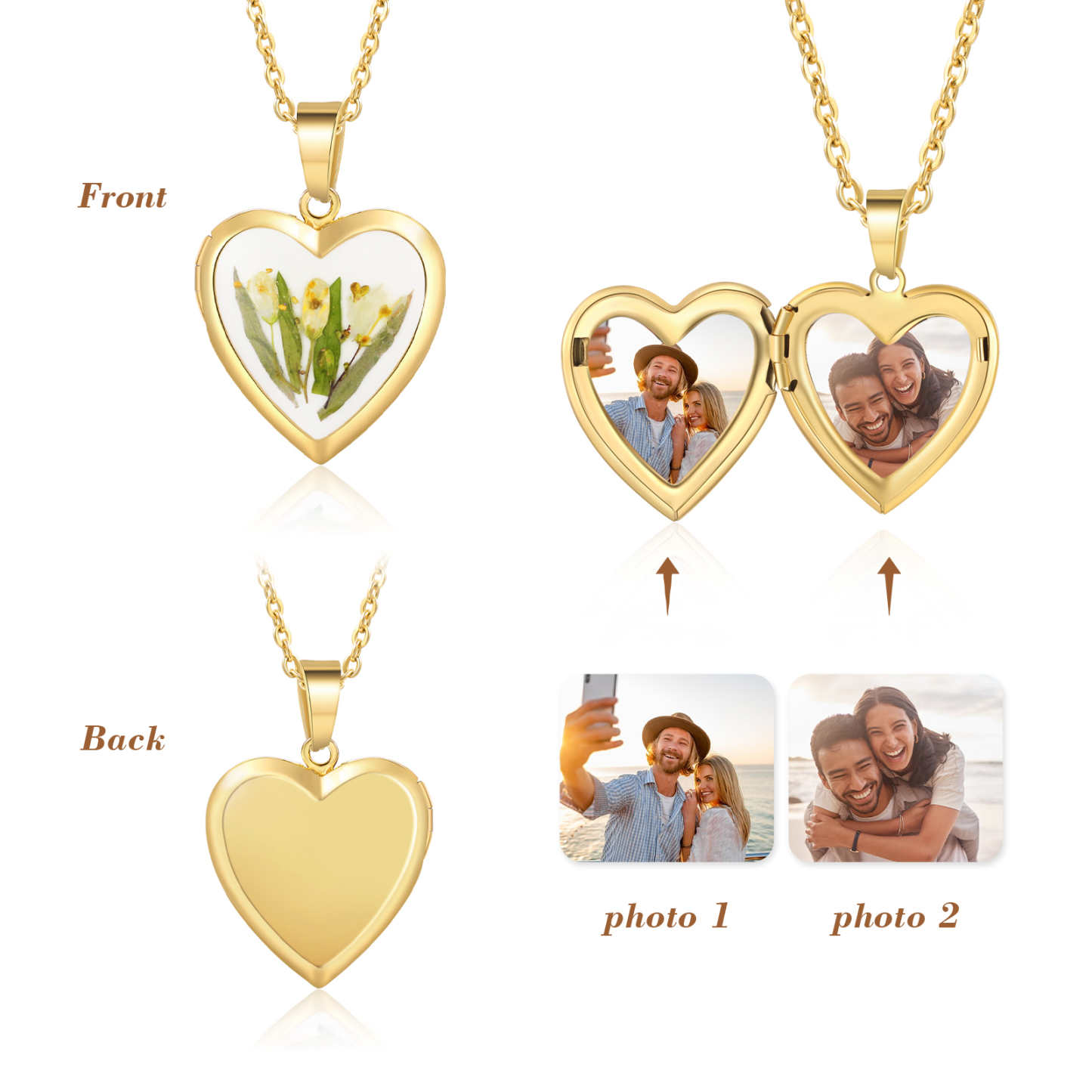 Personalised Heart Shaped Locket Necklace Custom 2 Photos with Birth Flowers Romantic Gift for Her | Jessemde