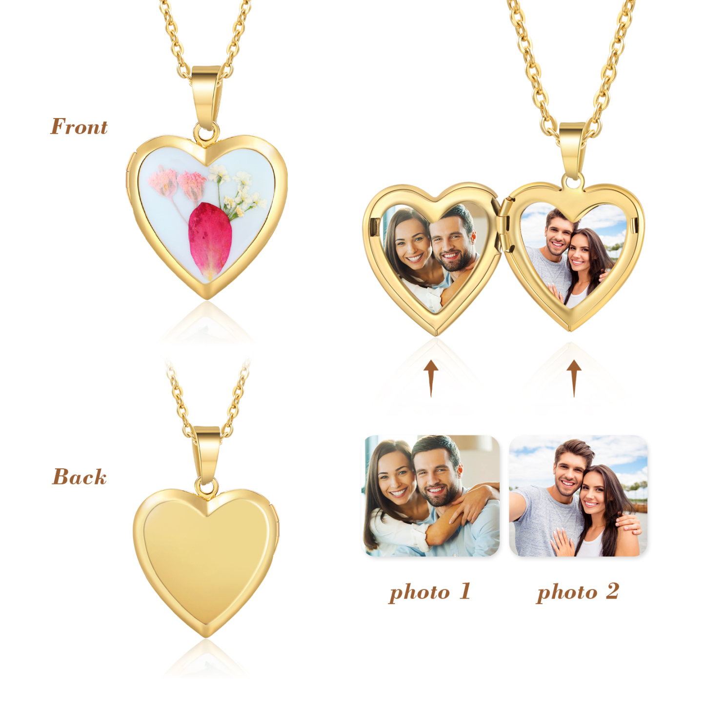 Personalised Heart Shaped Locket Necklace Custom 2 Photos with Birth Flowers Romantic Gift for Her | Jessemde