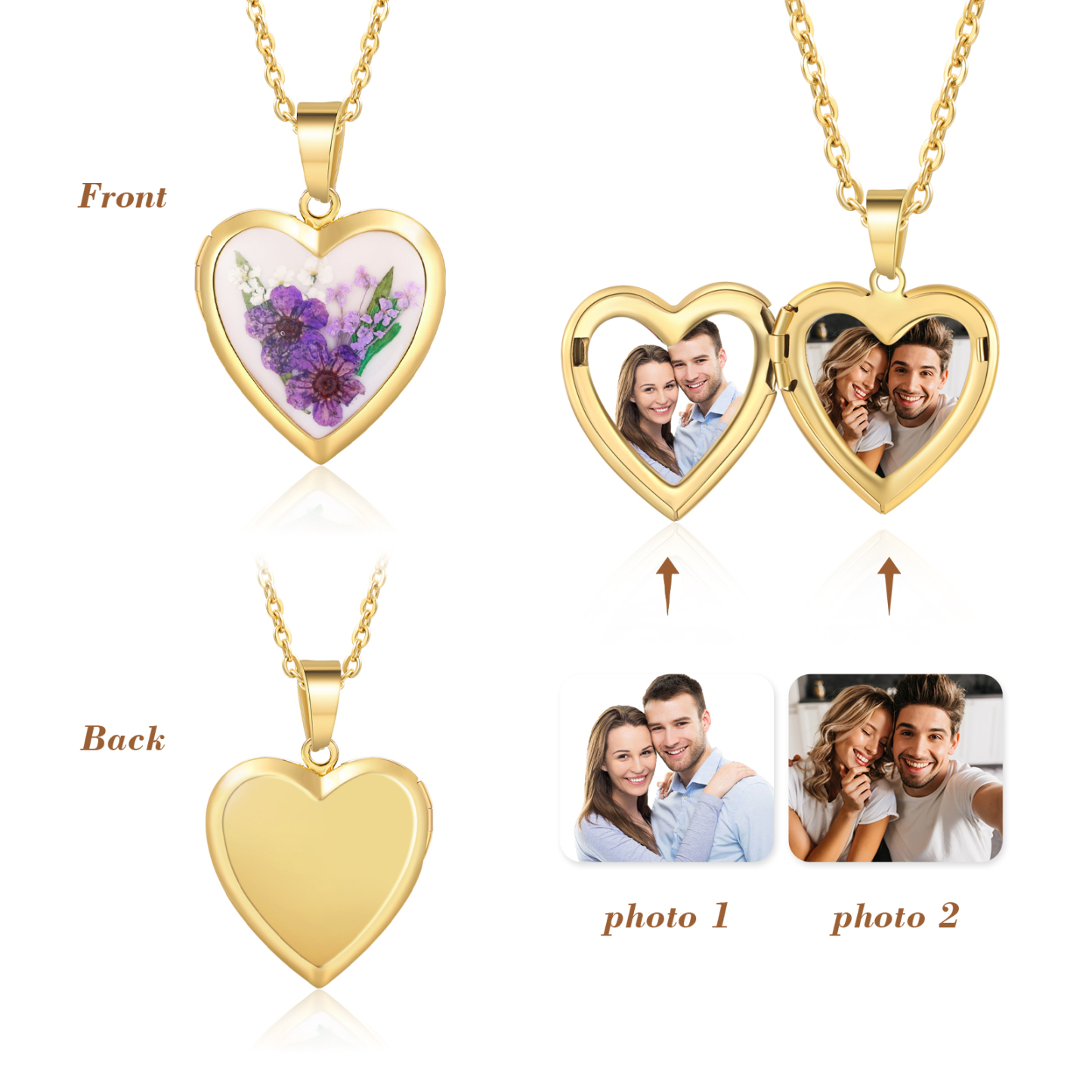 Personalised Heart Shaped Locket Necklace Custom 2 Photos with Birth Flowers Romantic Gift for Her | Jessemde