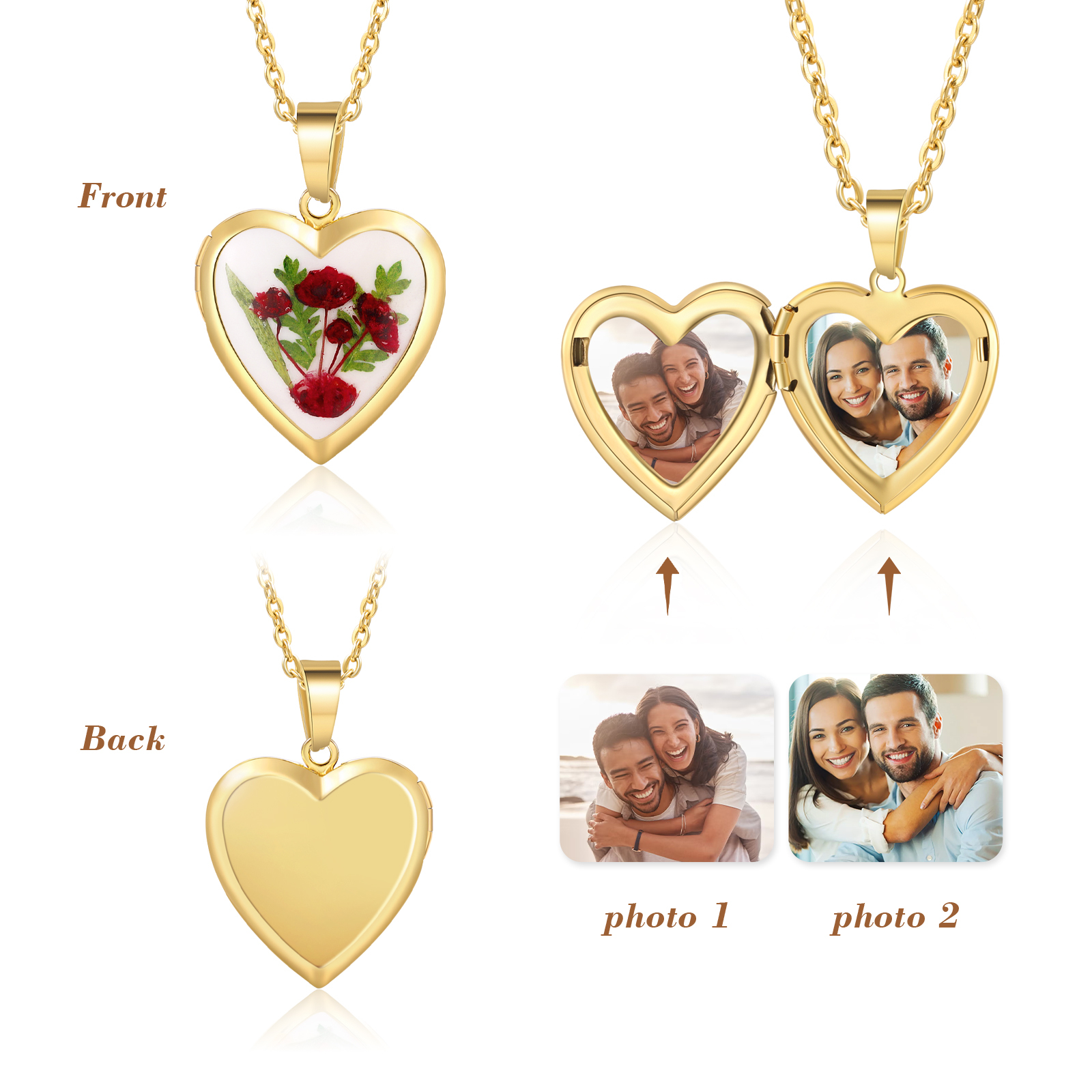 Personalised Heart Shaped Locket Necklace Custom 2 Photos with Birth Flowers Romantic Gift for Her | Jessemde