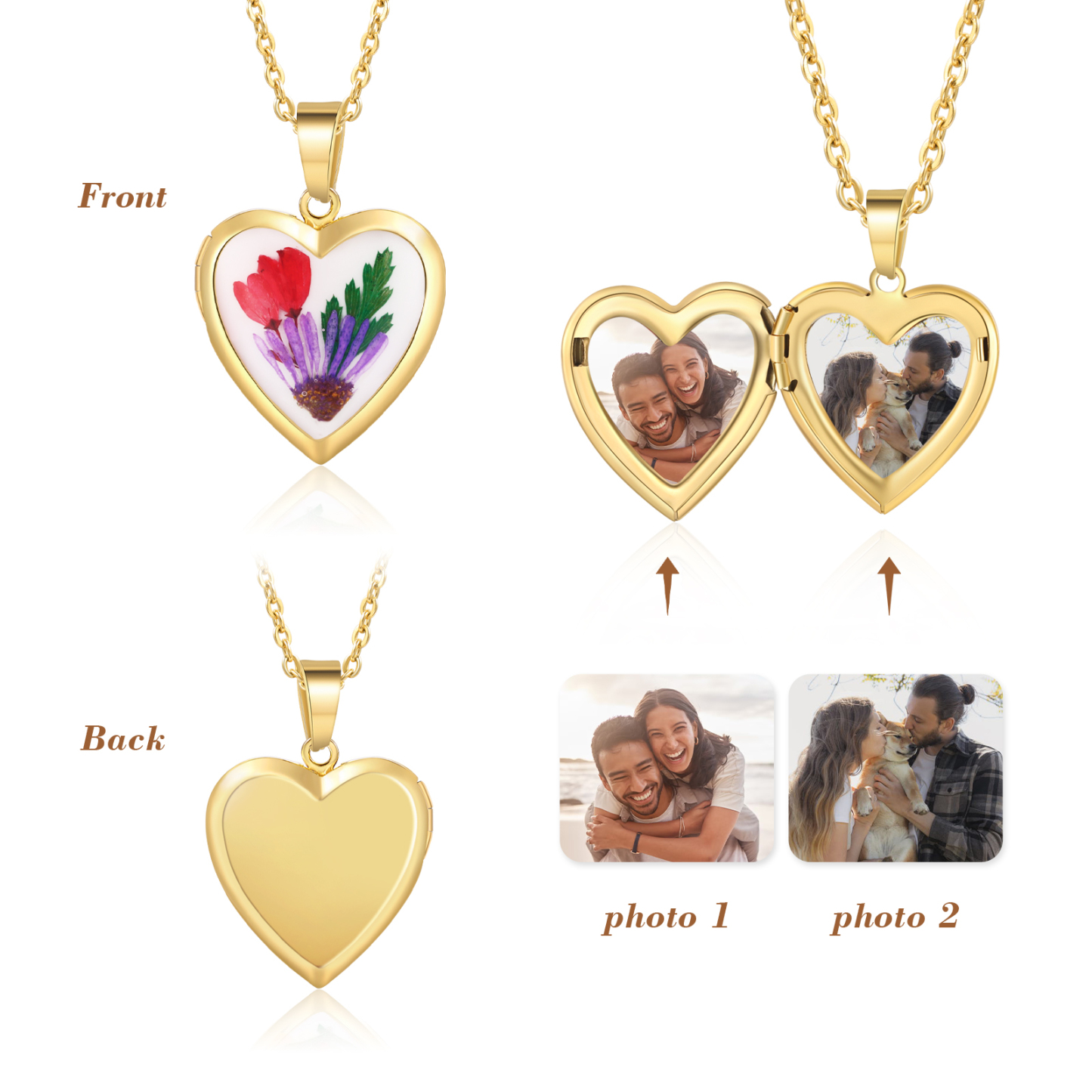 Personalised Heart Shaped Locket Necklace Custom 2 Photos with Birth Flowers Romantic Gift for Her | Jessemde