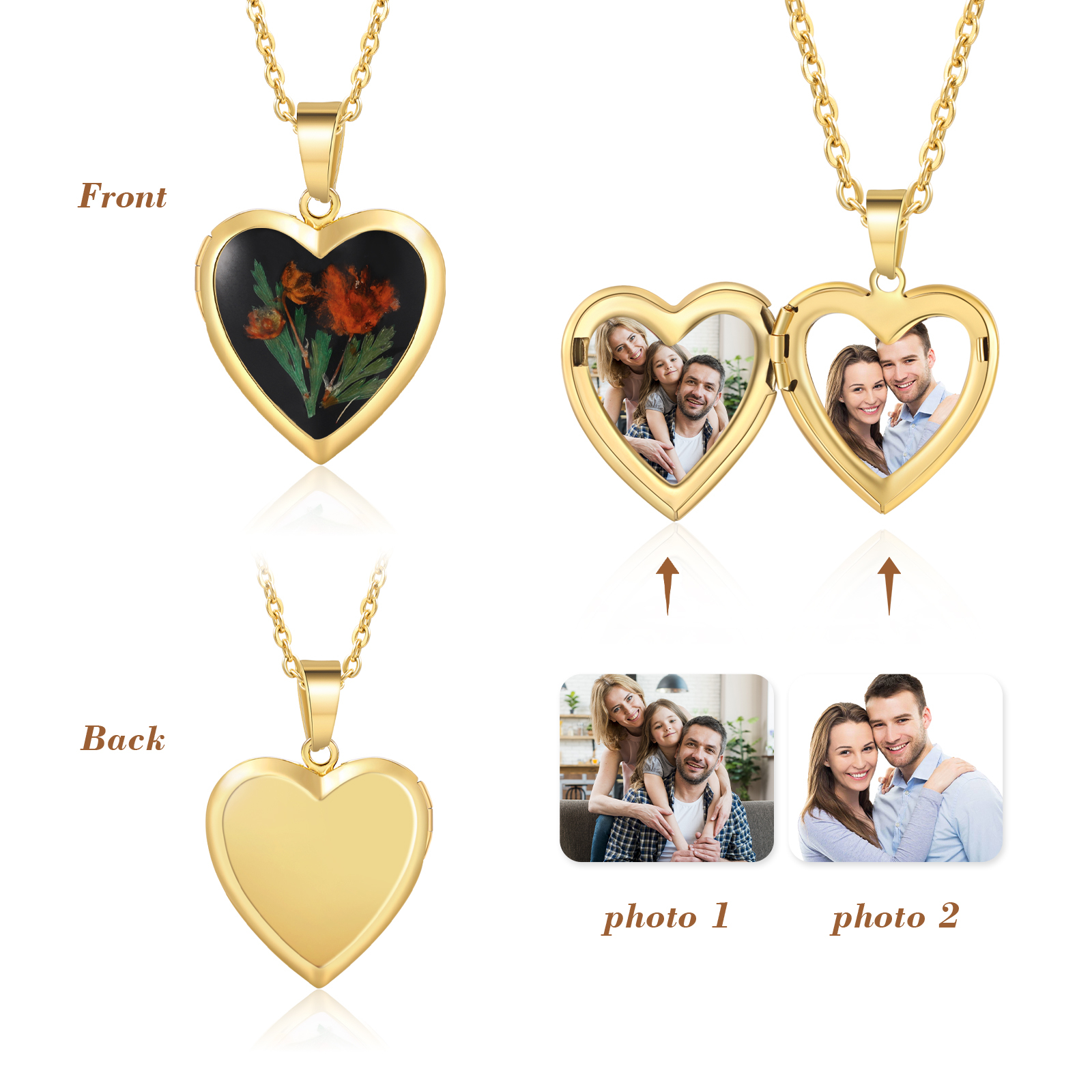 Personalised Heart Shaped Locket Necklace Custom 2 Photos with Birth Flowers Romantic Gift for Her | Jessemde