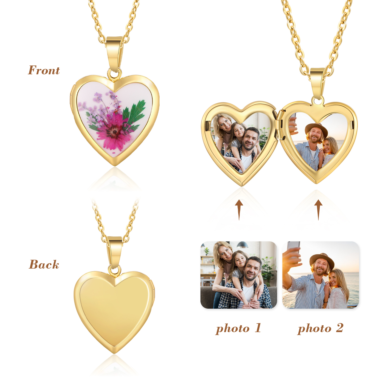 Personalised Heart Shaped Locket Necklace Custom 2 Photos with Birth Flowers Romantic Gift for Her | Jessemde