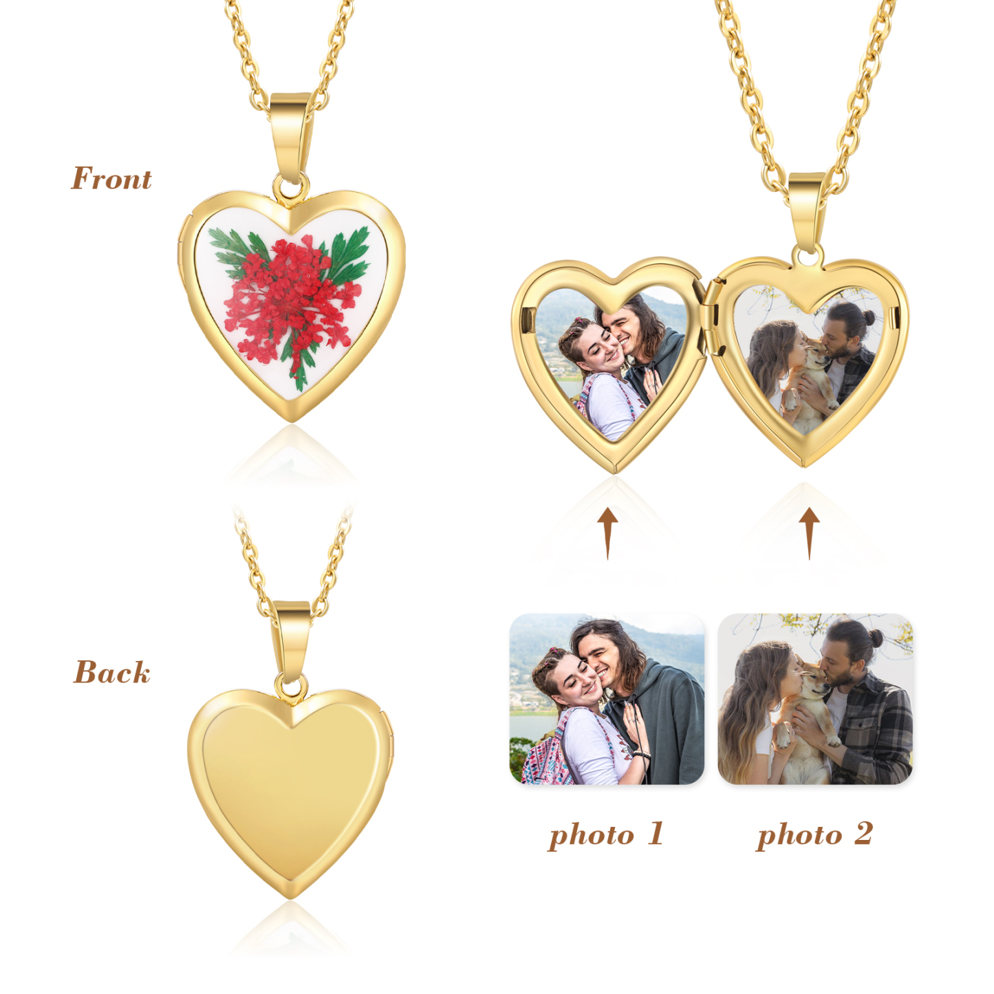 Personalised Heart Shaped Locket Necklace Custom 2 Photos with Birth Flowers Romantic Gift for Her | Jessemde