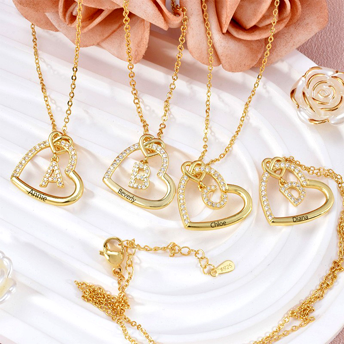 Personalised Letter Necklace 2 Hearts Custom Name & Letter Pendant Gift for Her | Jessemade
