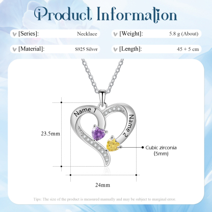 Personalised Birthstone Heart-Shaped Necklace Cumstom with 2 Names Personal Gift for Mum, Partner or a Loved One | Jessemade