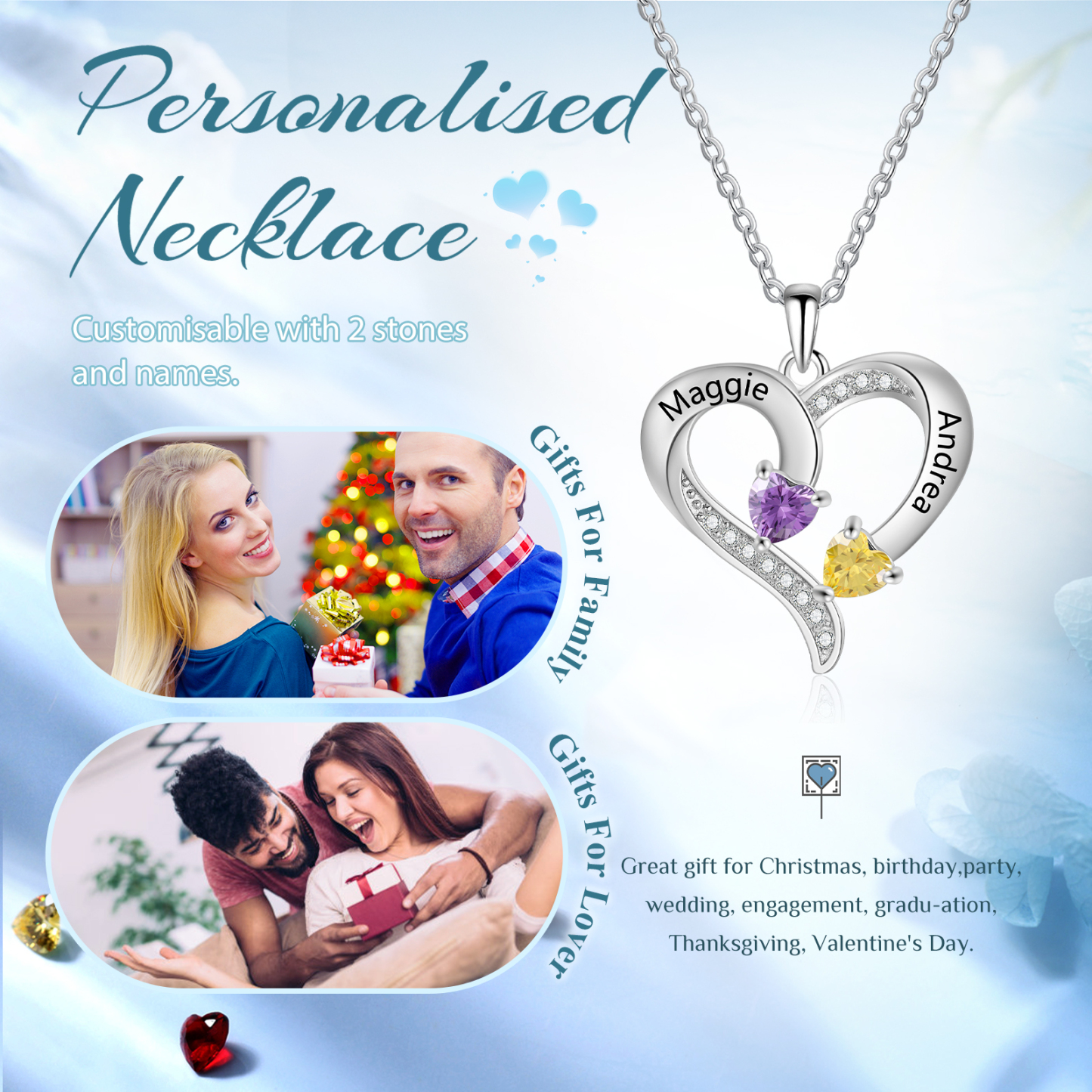 Personalised Birthstone Heart-Shaped Necklace Cumstom with 2 Names Personal Gift for Mum, Partner or a Loved One | Jessemade