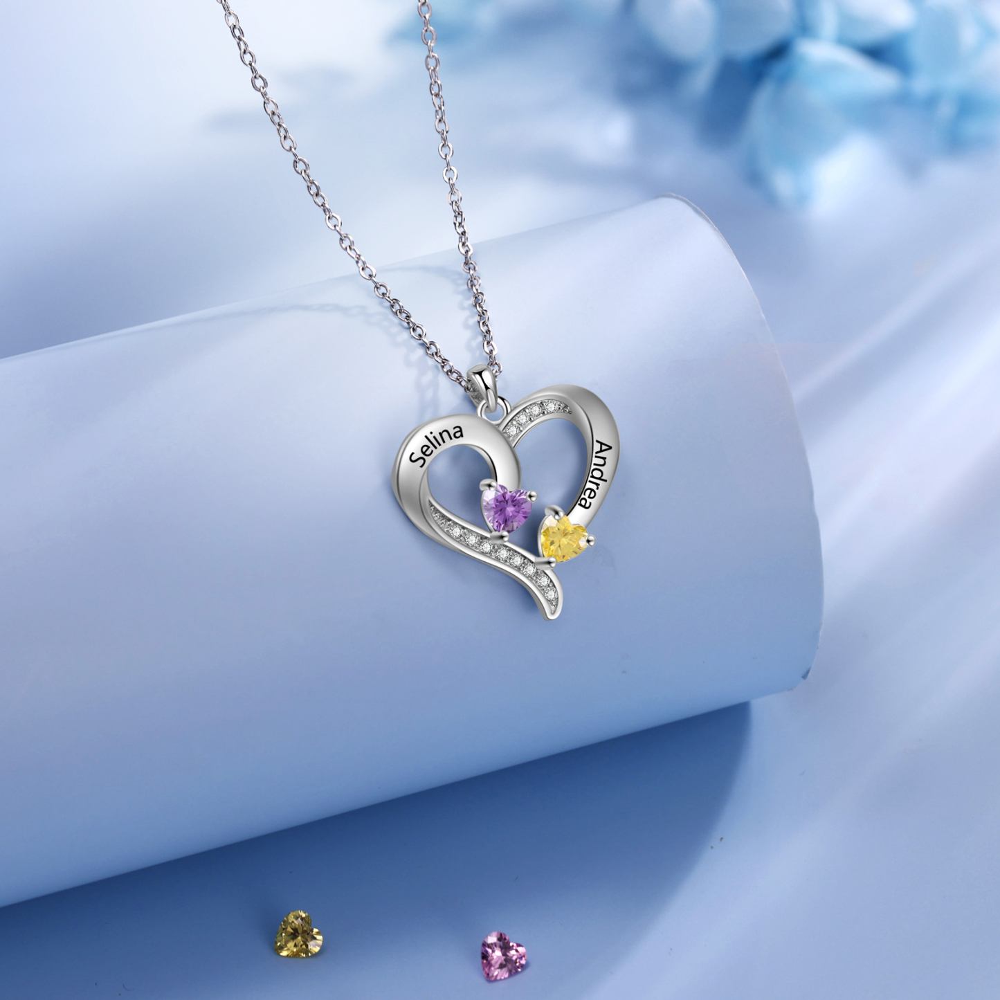 Personalised Birthstone Heart-Shaped Necklace Cumstom with 2 Names Personal Gift for Mum, Partner or a Loved One | Jessemade