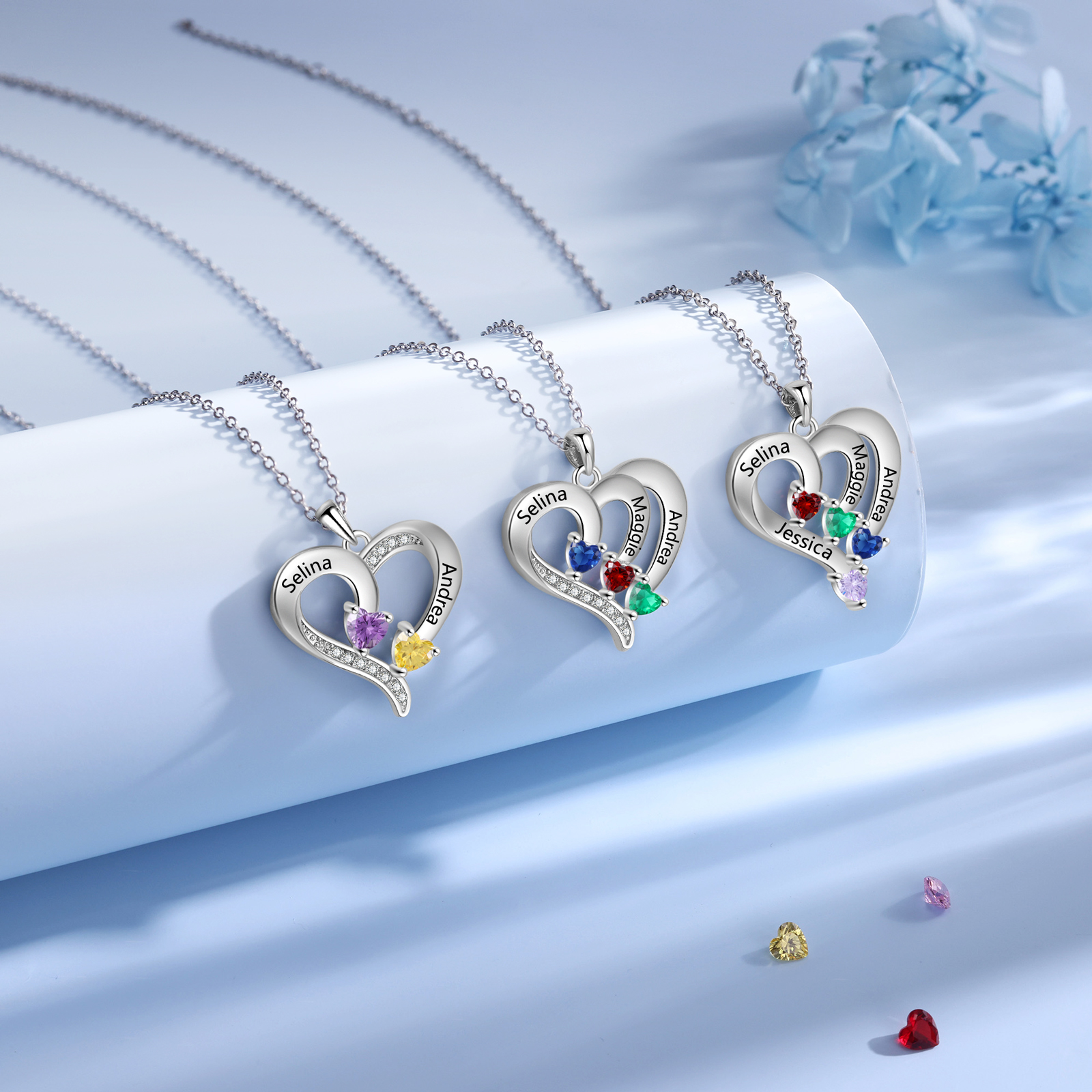 Personalised Birthstone Heart-Shaped Necklace Cumstom with 3 Names Personal in S925 Silver Gift for Mum, Partner or a Loved One | Jessemade