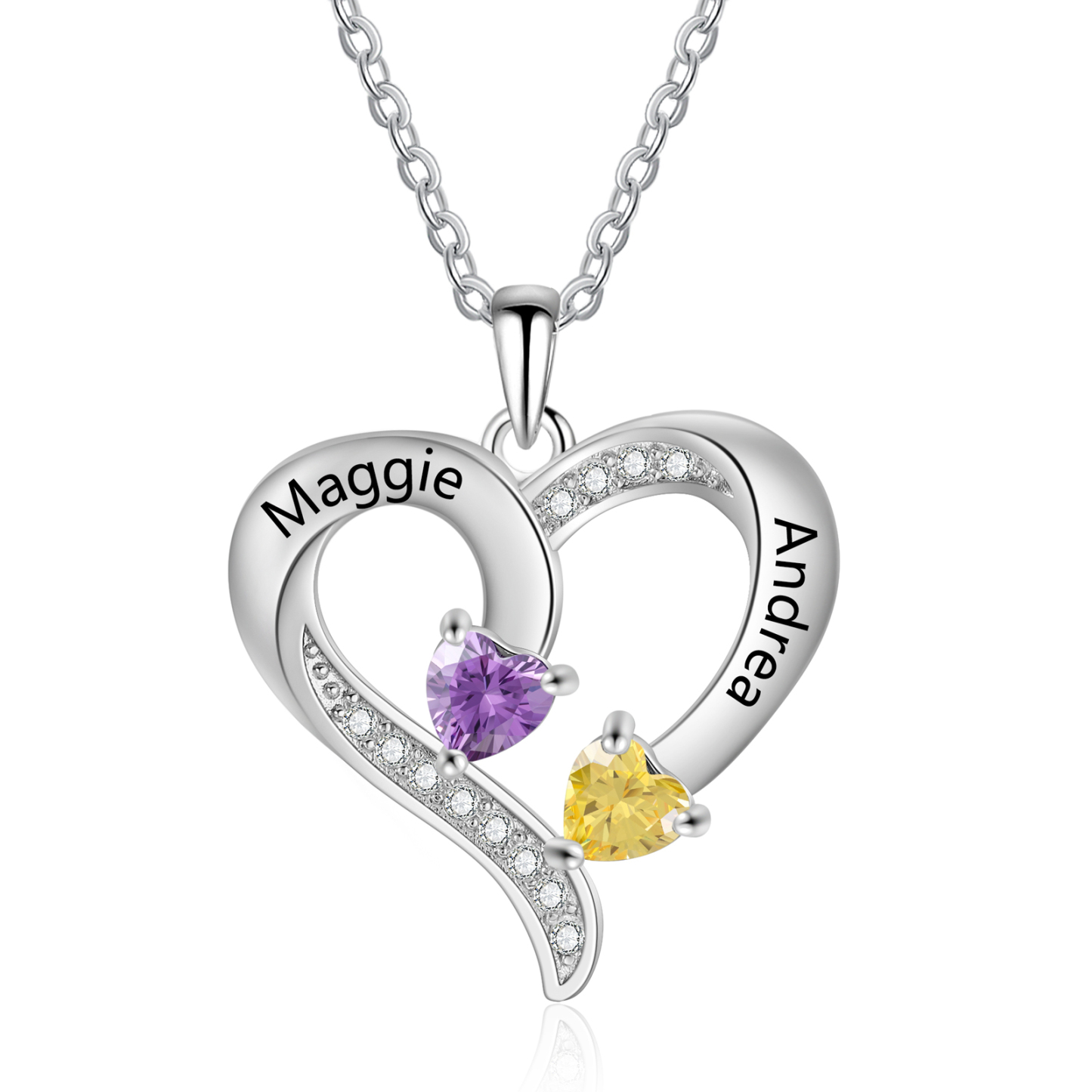 Personalised Heart Necklace with 2 Birthstones – Custom Name Pendant in S925 Silver | Jessemade