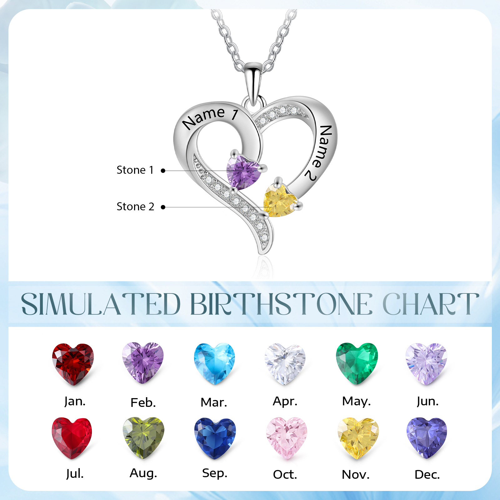 Personalised Birthstone Heart-Shaped Necklace Cumstom with 2 Names Personal Gift for Mum, Partner or a Loved One | Jessemade