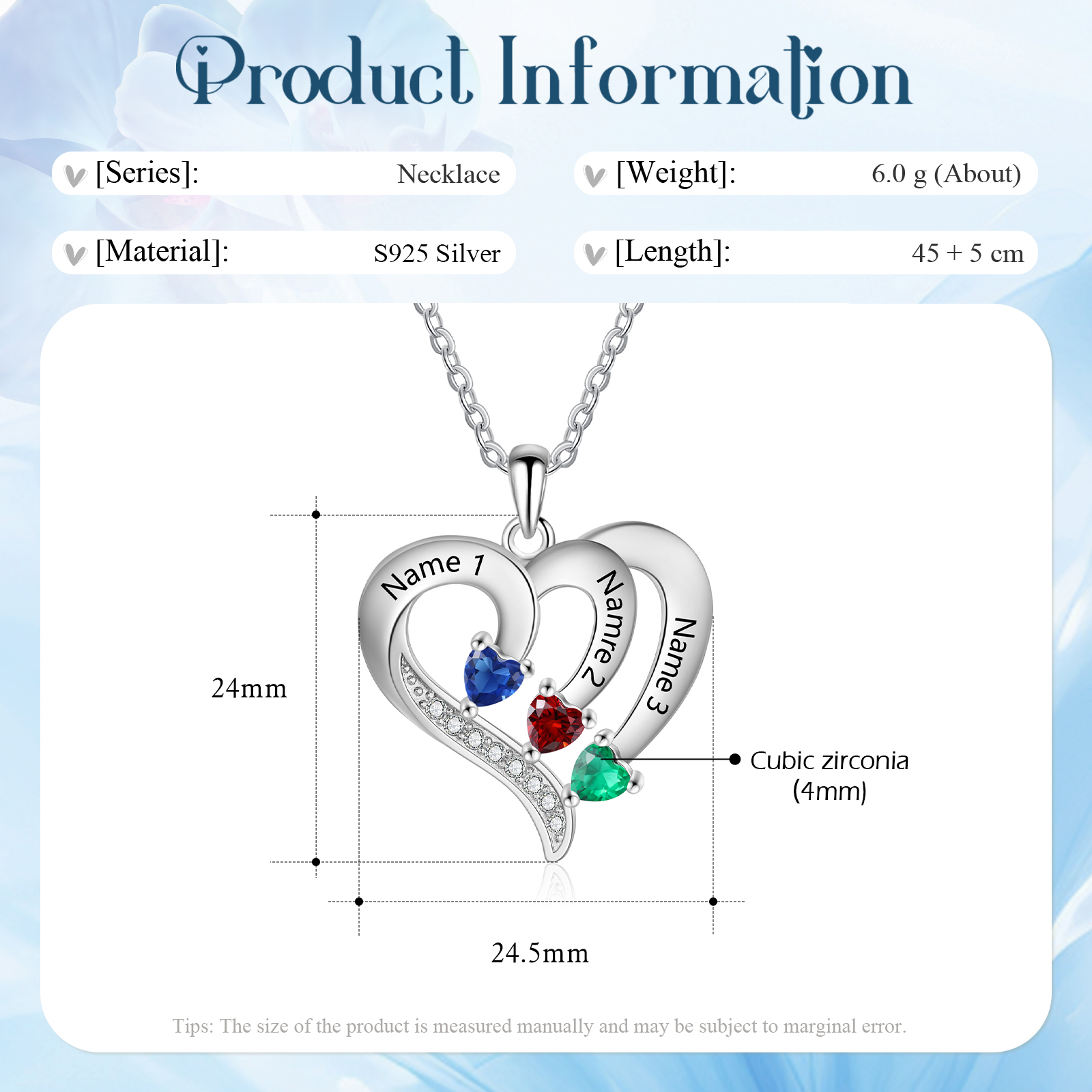Personalised Birthstone Heart-Shaped Necklace Cumstom with 3 Names Personal in S925 Silver Gift for Mum, Partner or a Loved One | Jessemade