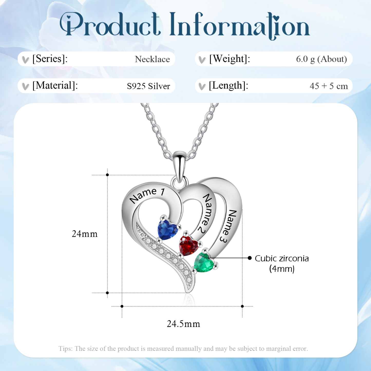 Personalised Birthstone Heart-Shaped Necklace Cumstom with 3 Names Personal in S925 Silver Gift for Mum, Partner or a Loved One | Jessemade