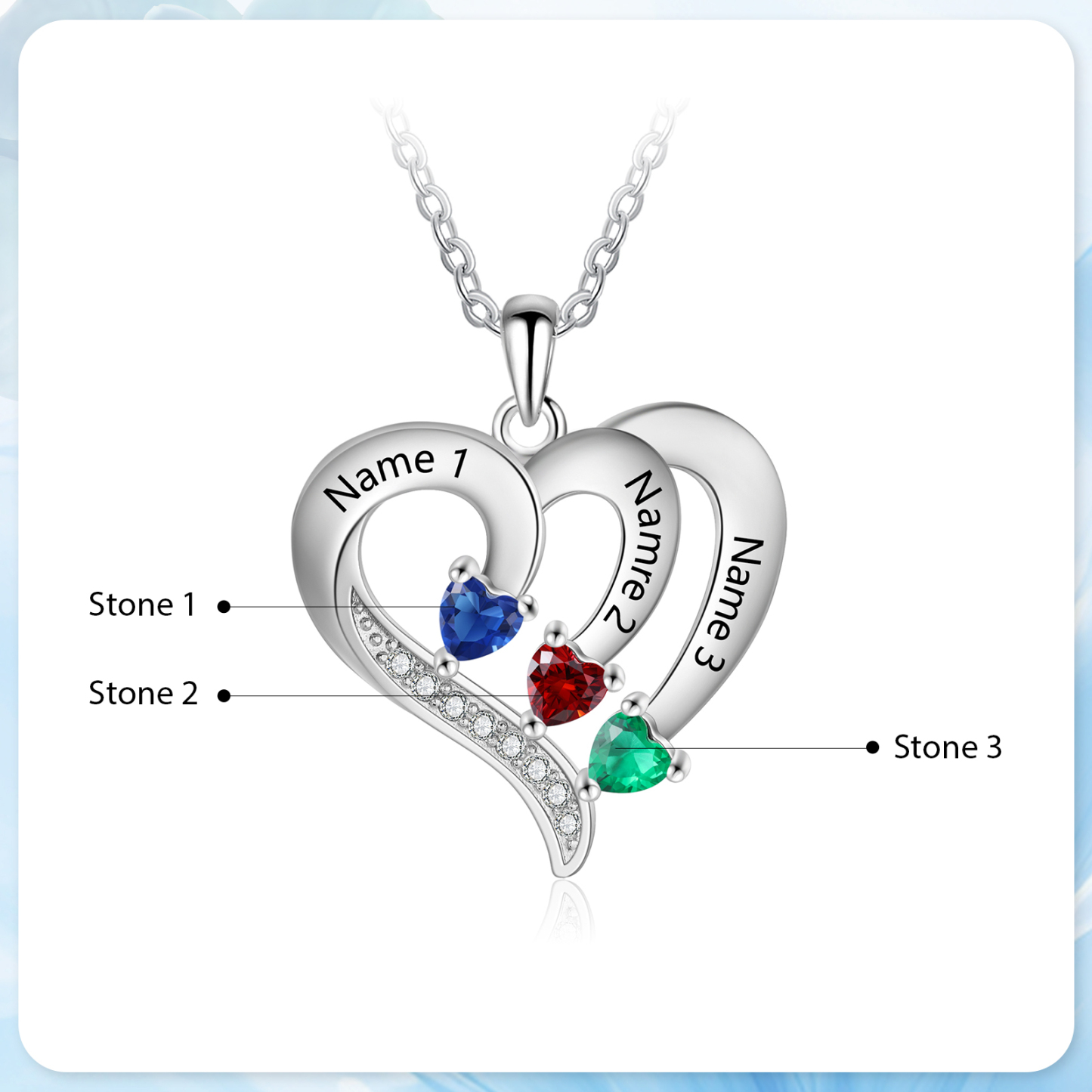 Personalised Birthstone Heart-Shaped Necklace Cumstom with 3 Names Personal in S925 Silver Gift for Mum, Partner or a Loved One | Jessemade