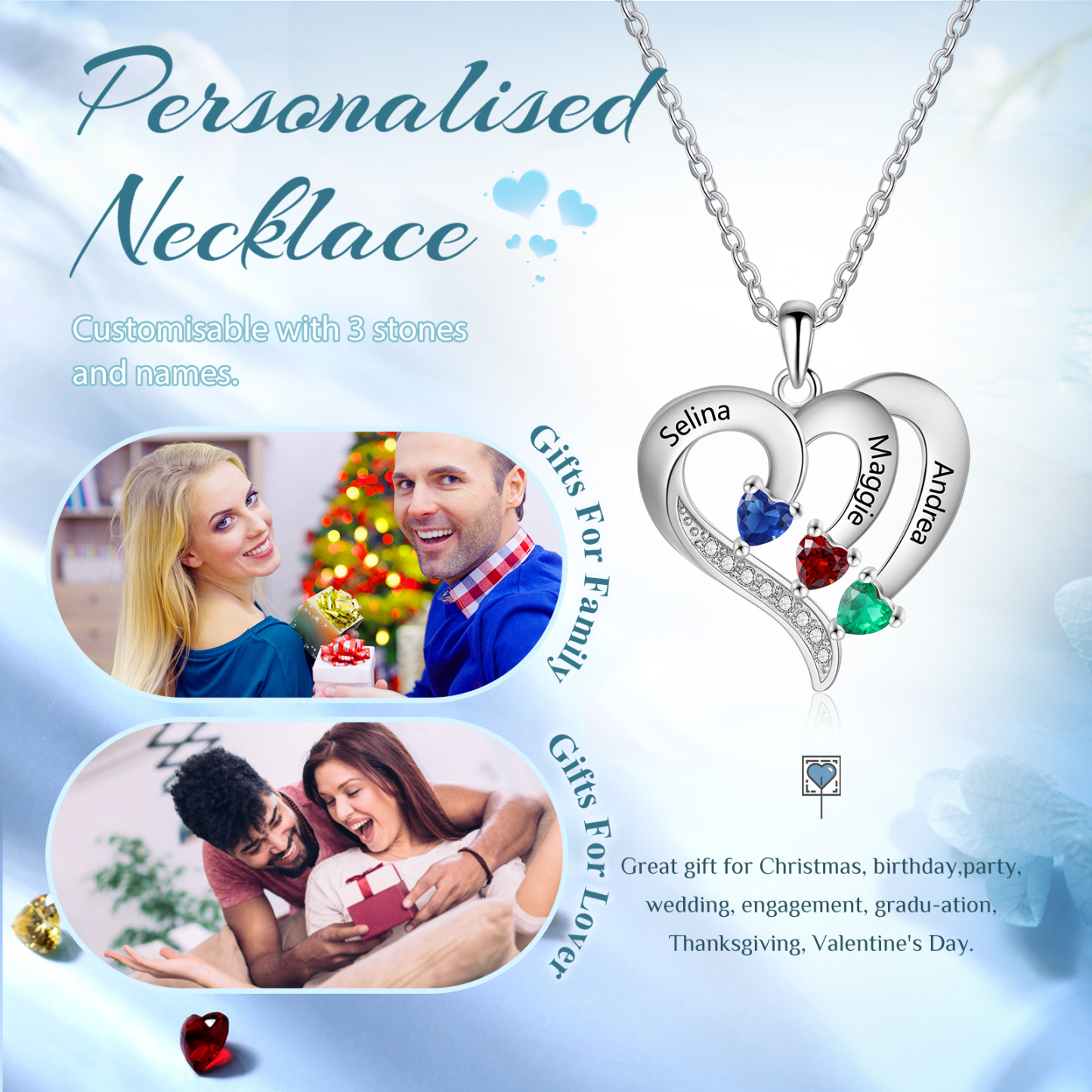 Personalised Birthstone Heart-Shaped Necklace Cumstom with 3 Names Personal in S925 Silver Gift for Mum, Partner or a Loved One | Jessemade