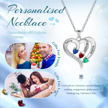 Personalised Birthstone Heart-Shaped Necklace Cumstom with 3 Names Personal in S925 Silver Gift for Mum, Partner or a Loved One | Jessemade