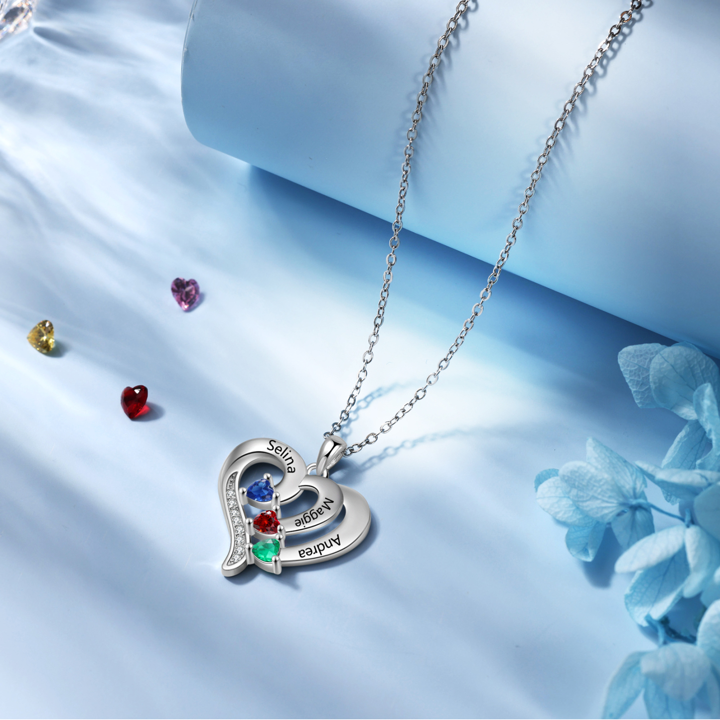 Personalised Birthstone Heart-Shaped Necklace Cumstom with 3 Names Personal in S925 Silver Gift for Mum, Partner or a Loved One | Jessemade