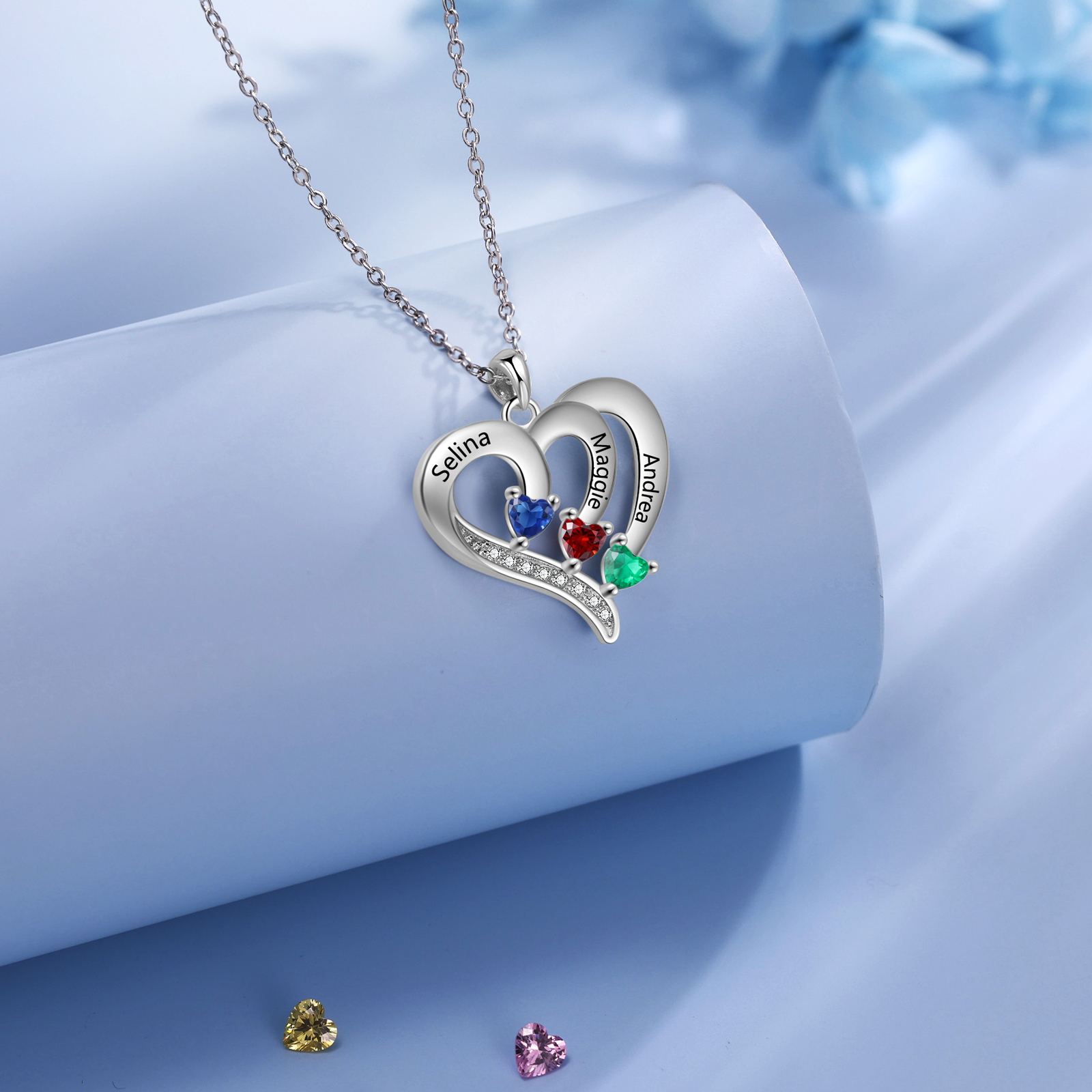 Personalised Birthstone Heart-Shaped Necklace Cumstom with 3 Names Personal in S925 Silver Gift for Mum, Partner or a Loved One | Jessemade