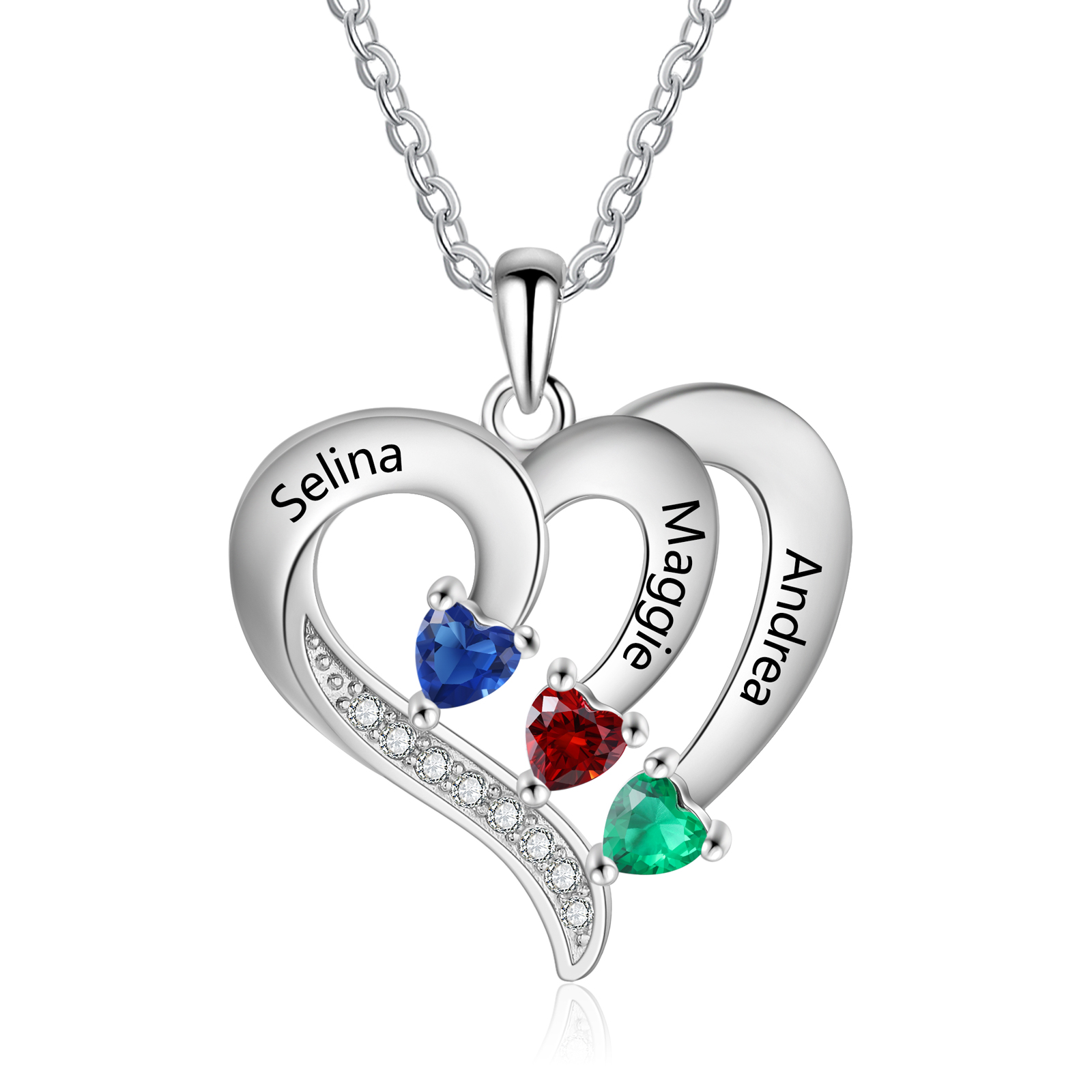 Personalised Birthstone Heart-Shaped Necklace Cumstom with 3 Names Personal in S925 Silver Gift for Mum, Partner or a Loved One | Jessemade