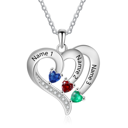 Personalised Birthstone Heart-Shaped Necklace Cumstom with 3 Names Personal in S925 Silver Gift for Mum, Partner or a Loved One | Jessemade