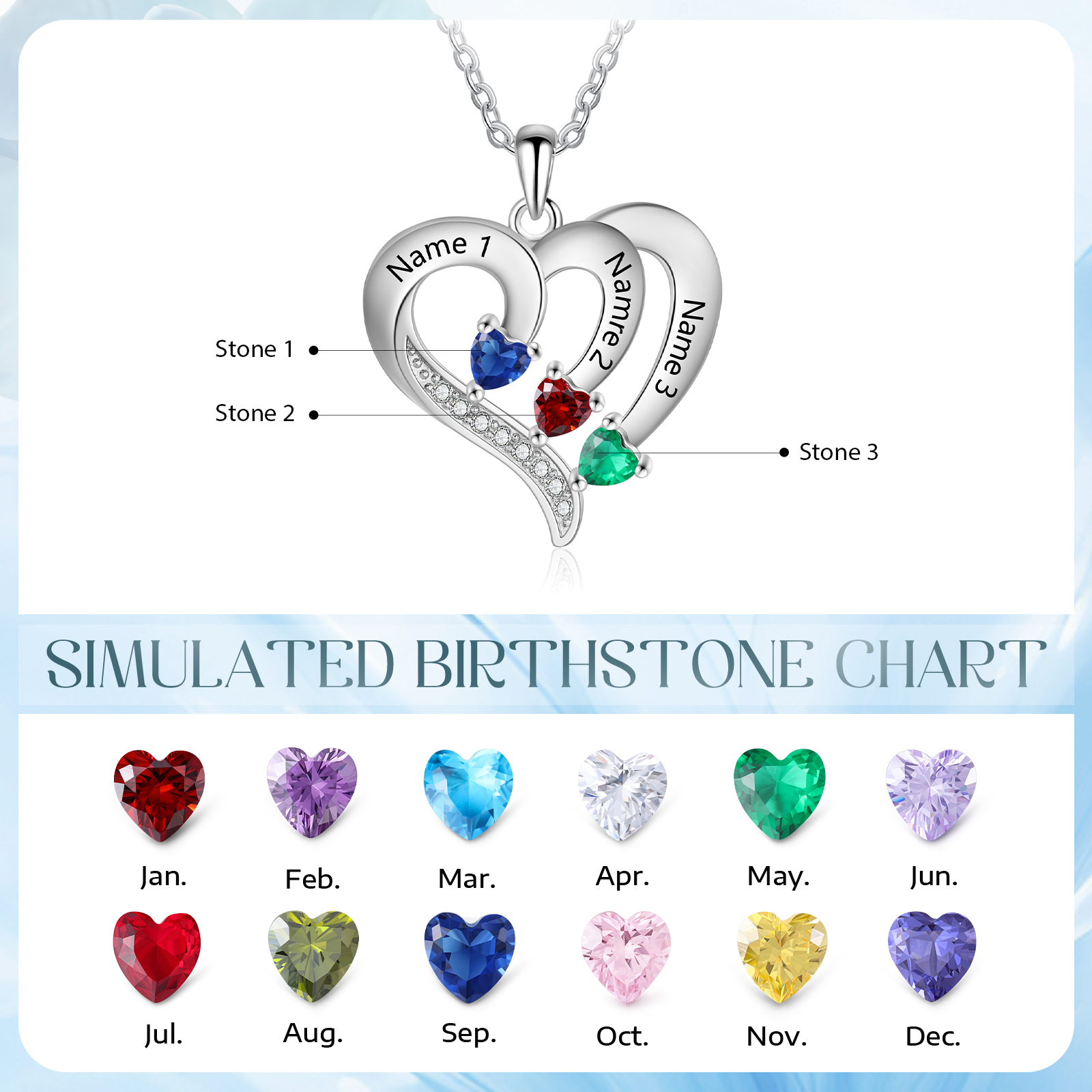 Personalised Birthstone Heart-Shaped Necklace Cumstom with 3 Names Personal in S925 Silver Gift for Mum, Partner or a Loved One | Jessemade