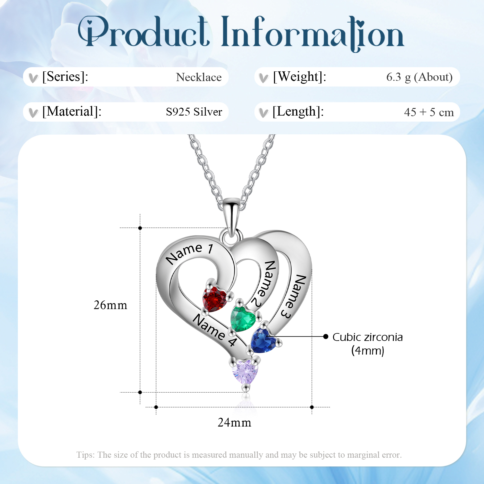 Personalised Birthstone Heart-Shaped Necklace Cumstom with 4 Names Personal in S925 Silver Gift for Mum, Partner or a Loved One | Jessemade