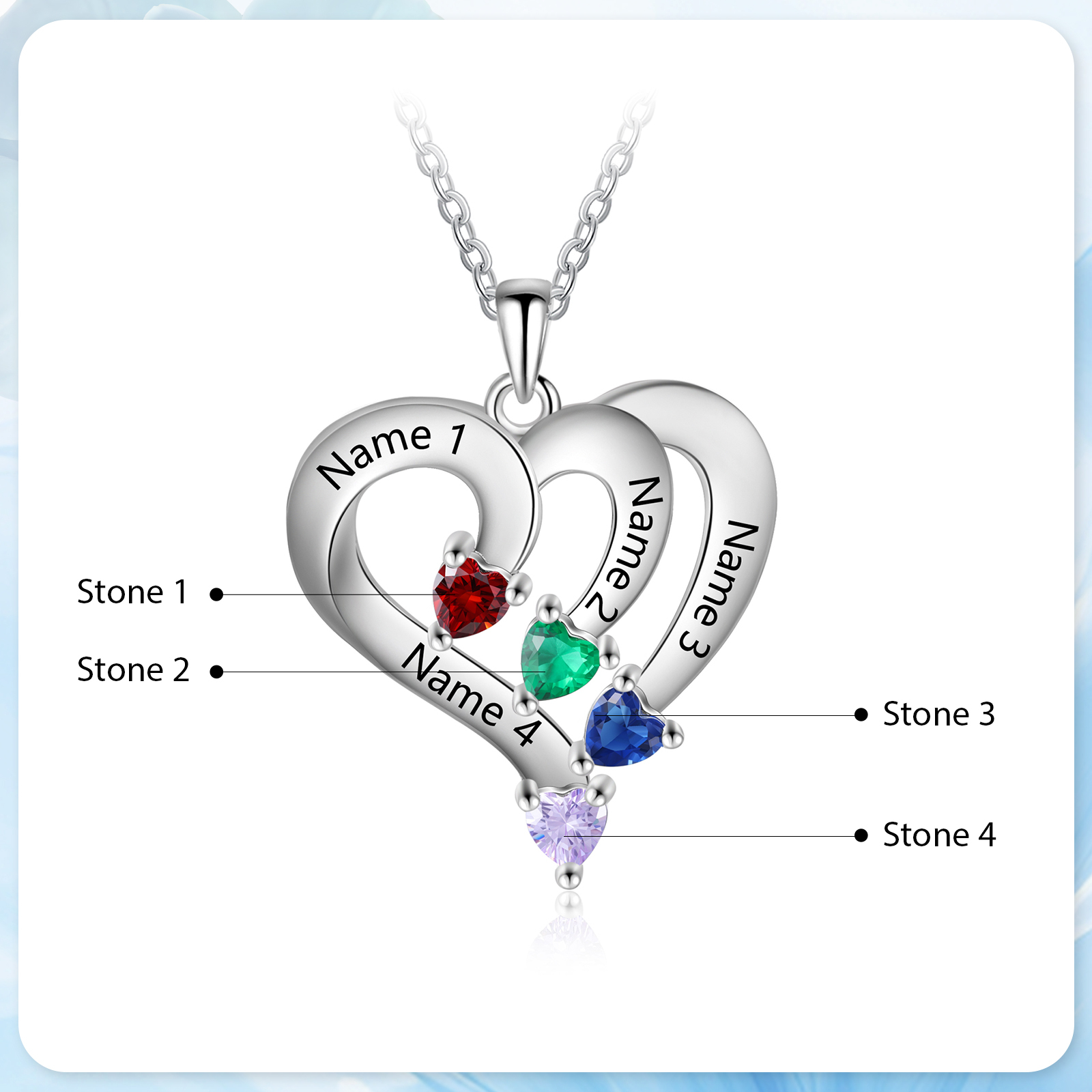 Personalised Birthstone Heart-Shaped Necklace Cumstom with 4 Names Personal in S925 Silver Gift for Mum, Partner or a Loved One | Jessemade