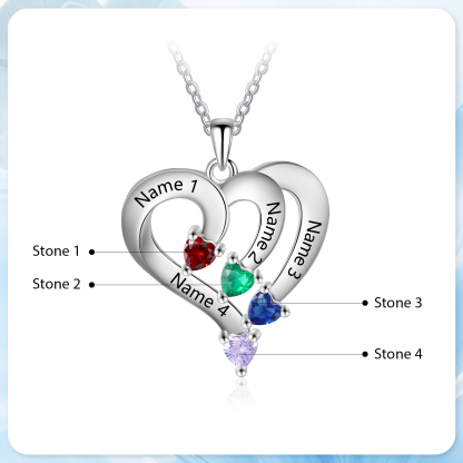 Personalised Birthstone Heart-Shaped Necklace Cumstom with 4 Names Personal in S925 Silver Gift for Mum, Partner or a Loved One | Jessemade