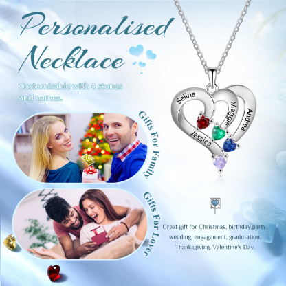 Personalised Birthstone Heart-Shaped Necklace Cumstom with 4 Names Personal in S925 Silver Gift for Mum, Partner or a Loved One | Jessemade