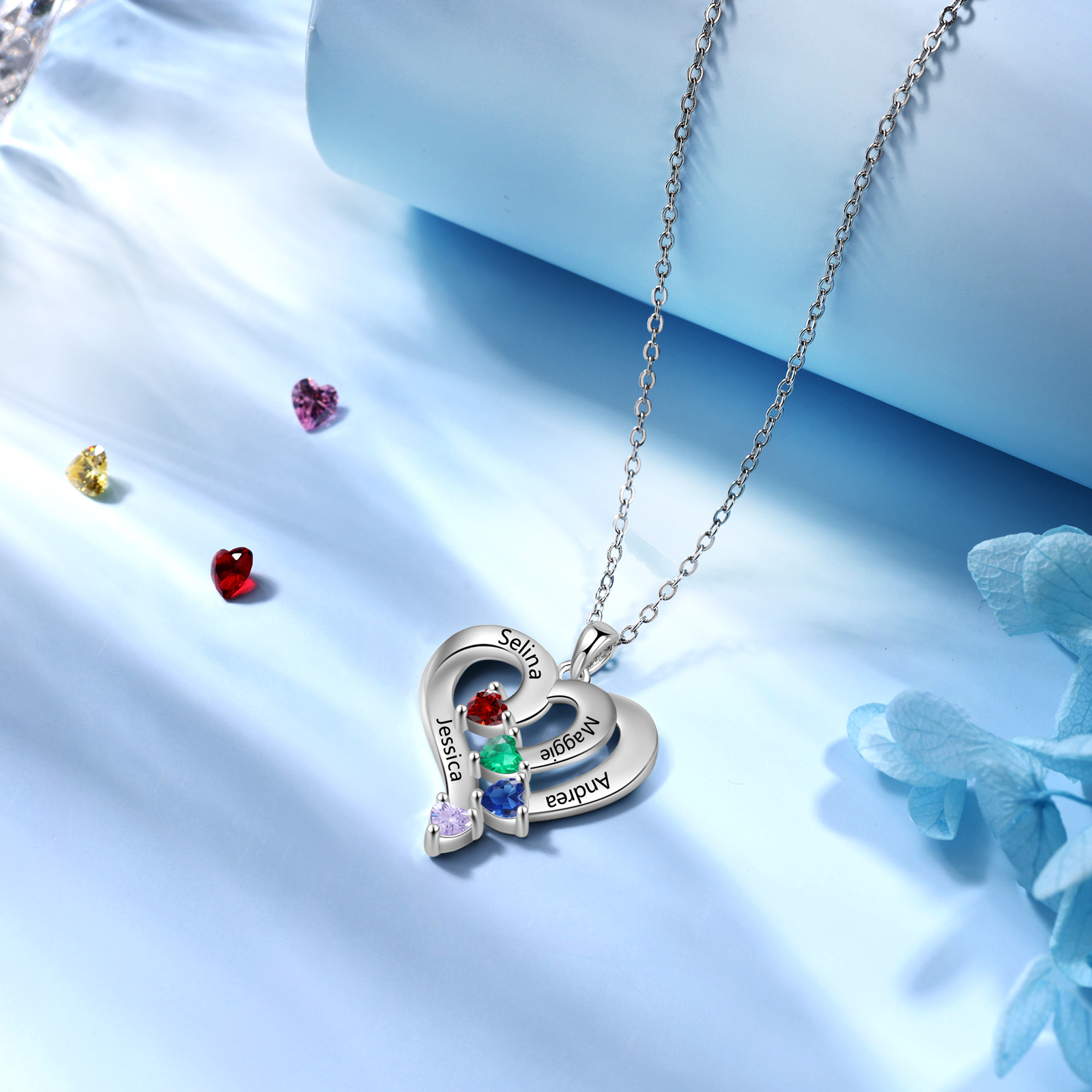 Personalised Birthstone Heart-Shaped Necklace Cumstom with 4 Names Personal in S925 Silver Gift for Mum, Partner or a Loved One | Jessemade