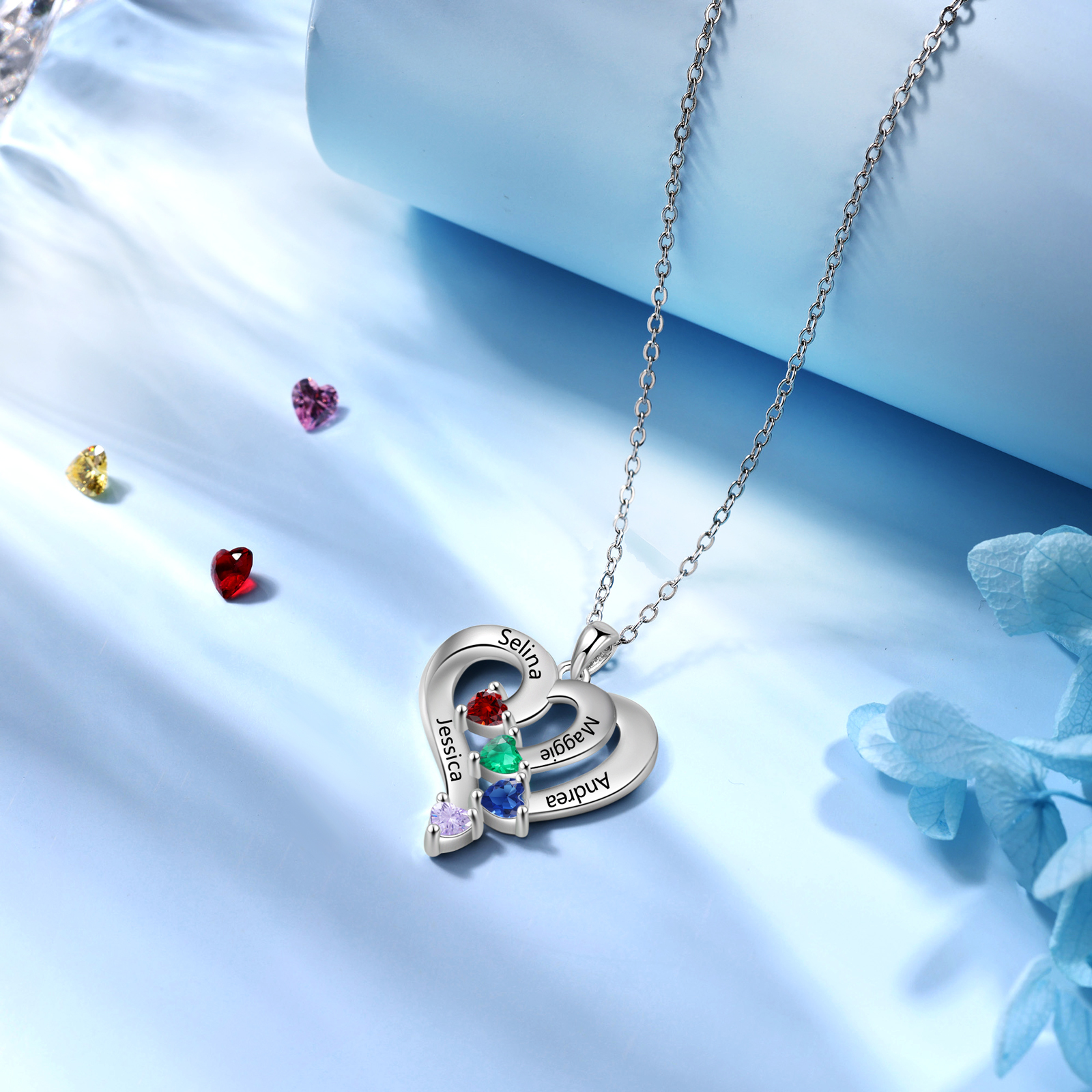 Personalised Birthstone Heart-Shaped Necklace Cumstom with 4 Names Personal in S925 Silver Gift for Mum, Partner or a Loved One | Jessemade