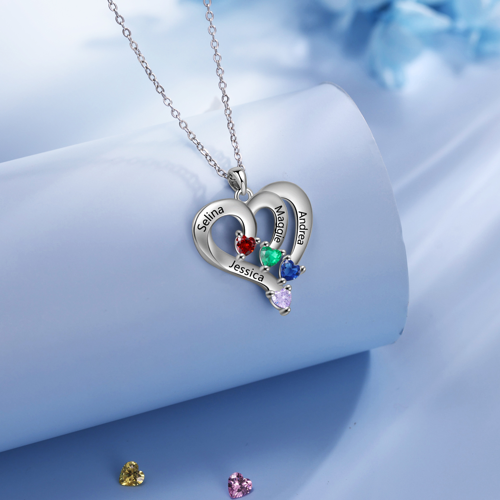 Personalised Birthstone Heart-Shaped Necklace Cumstom with 4 Names Personal in S925 Silver Gift for Mum, Partner or a Loved One | Jessemade