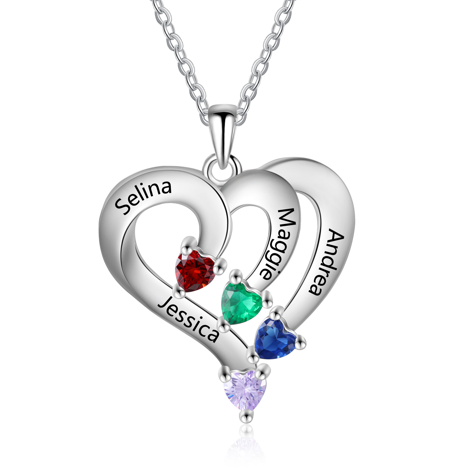 Personalised Birthstone Heart-Shaped Necklace Cumstom with 4 Names Personal in S925 Silver Gift for Mum, Partner or a Loved One | Jessemade