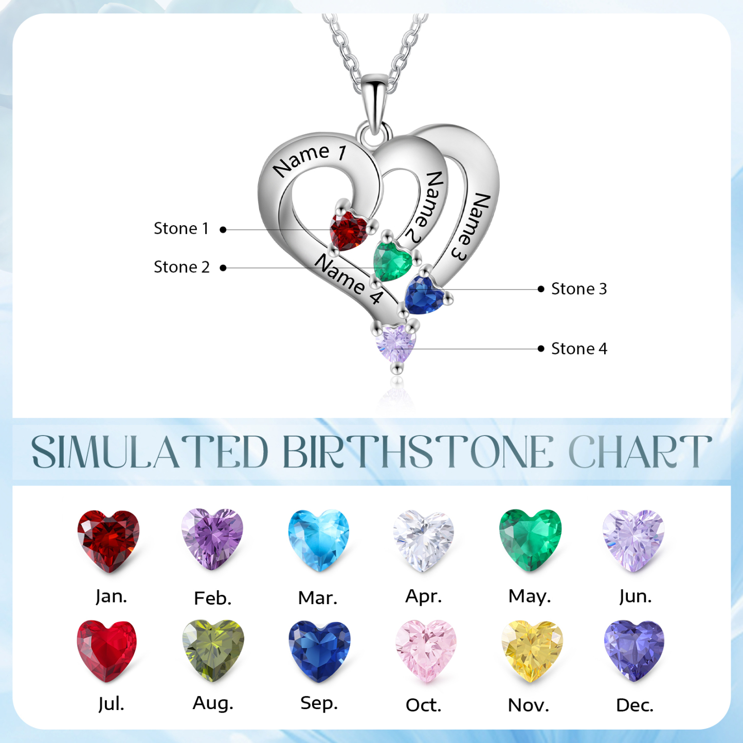 Personalised Birthstone Heart-Shaped Necklace Cumstom with 4 Names Personal in S925 Silver Gift for Mum, Partner or a Loved One | Jessemade