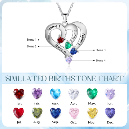 Personalised Birthstone Heart-Shaped Necklace Cumstom with 4 Names Personal in S925 Silver Gift for Mum, Partner or a Loved One | Jessemade