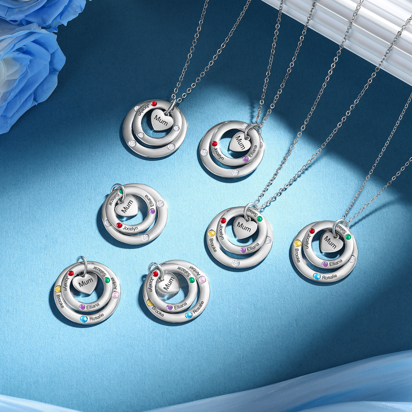 Personalised Necklace Custom 5 Birthstones and Names Jewelry Ideal Mothers' Day Gift | Jessemade