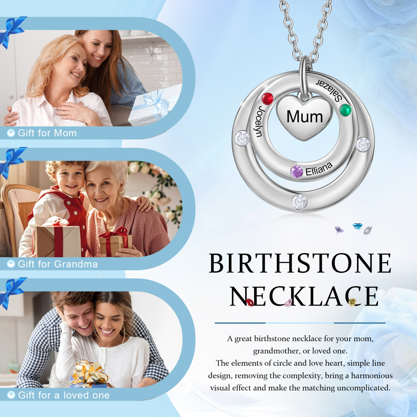 Personalised Necklace Custom 3 Birthstones and Names Jewelry Ideal Mothers' Day Gift | Jessemade