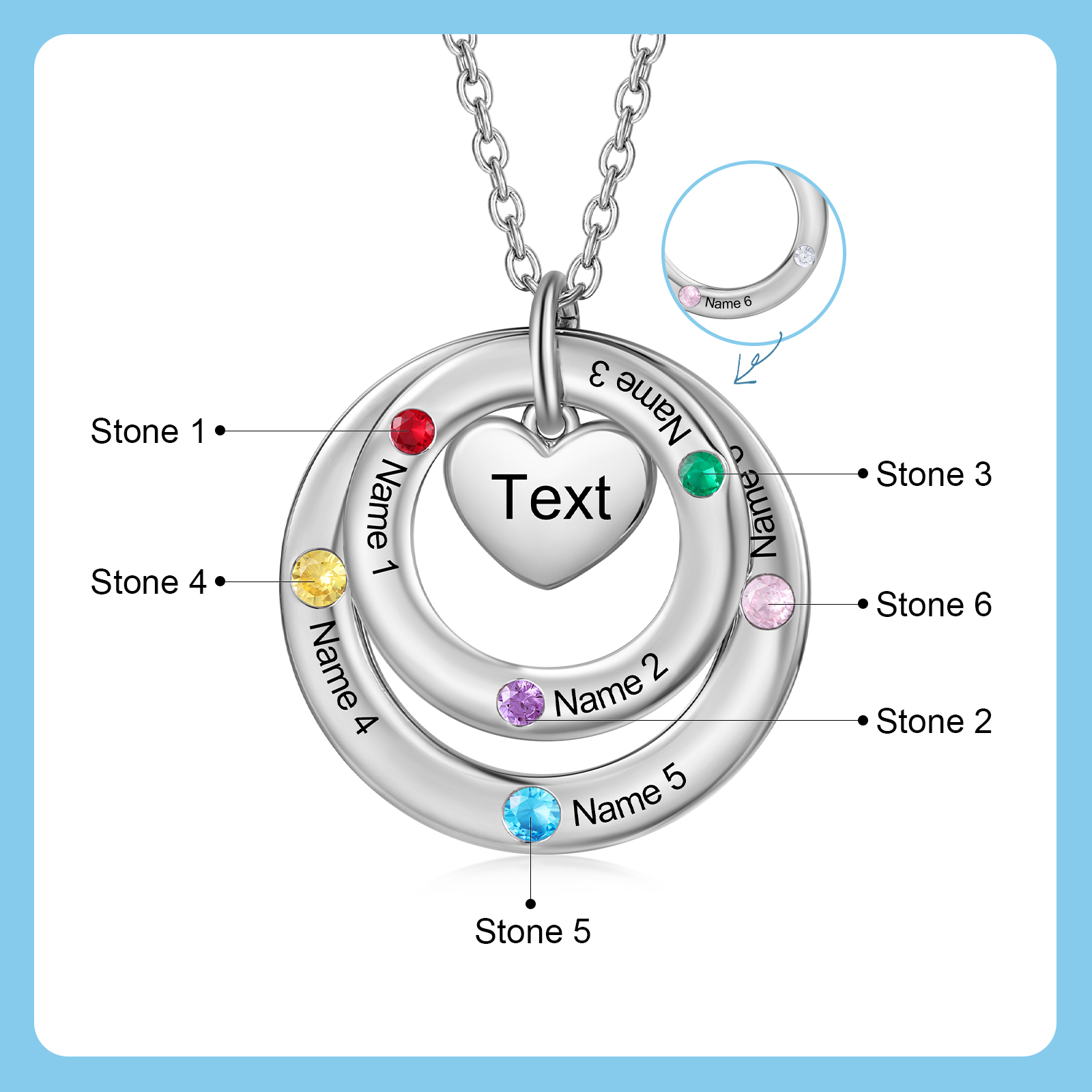 Personalised Necklace Custom 6 Birthstones and Names Jewelry Ideal Mothers' Day Gift | Jessemade