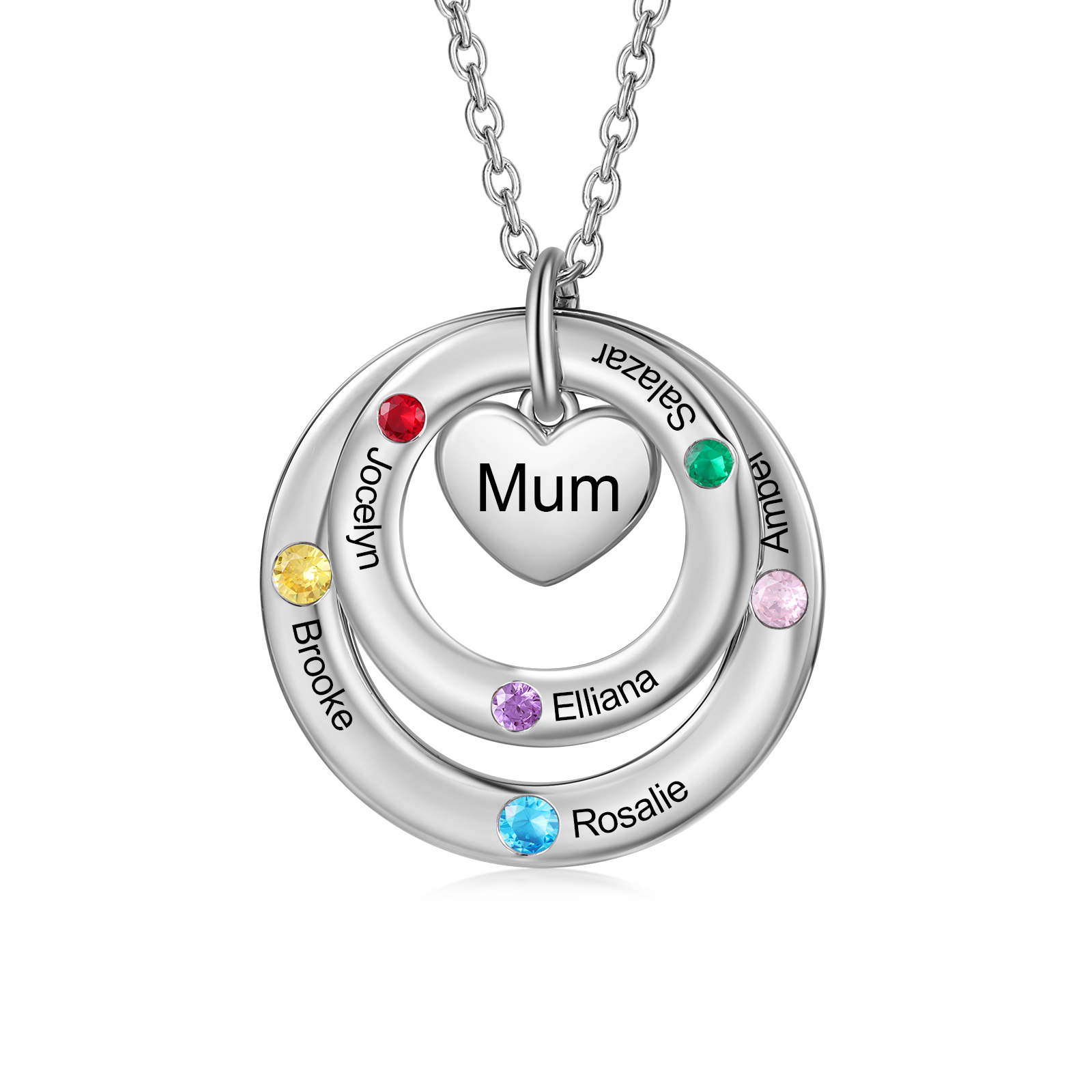 Personalised Six Birthstone Necklace – Custom Engraved Family Pendant Gift | Jessemade