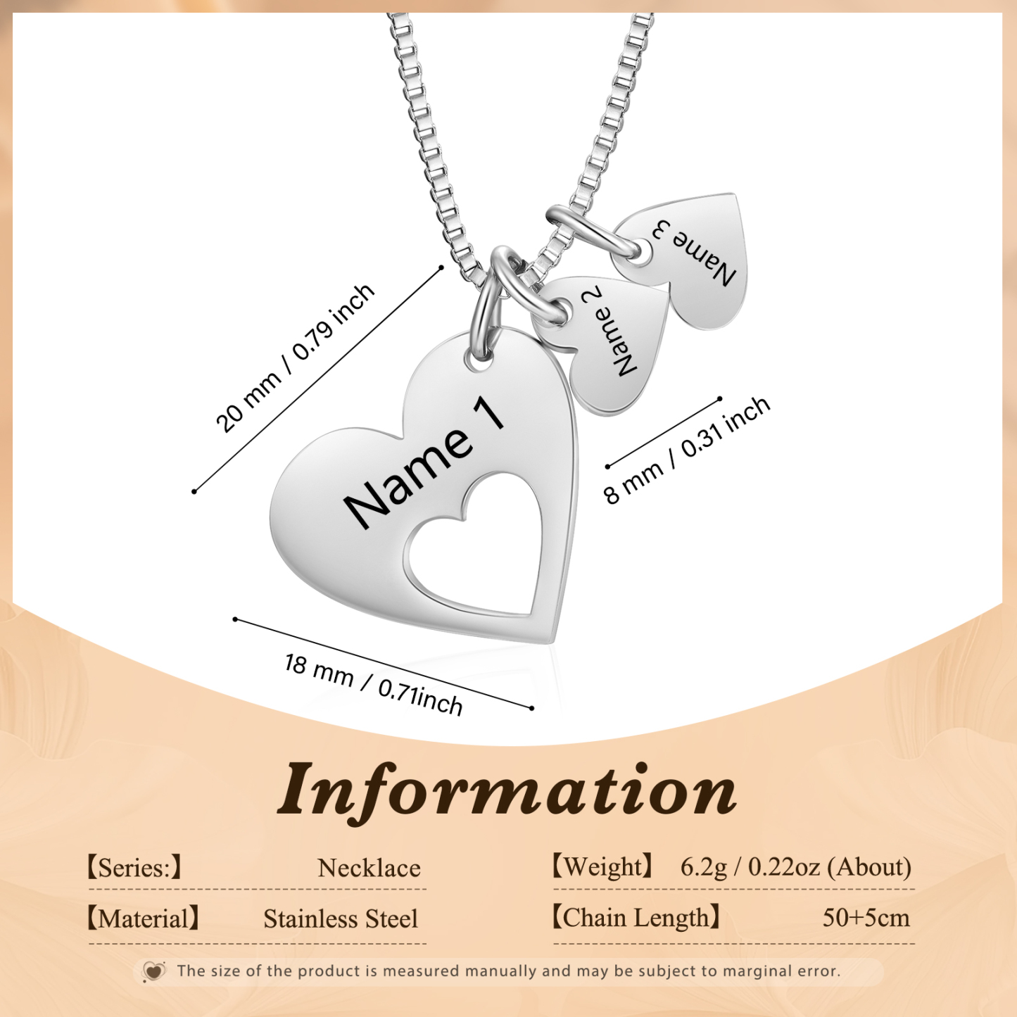 Personalised Necklace Heart Pendant Custom 2-5 Names Jewelry for Mothers' Day Gift | Jessemade