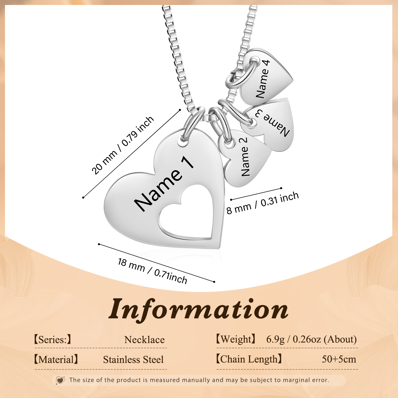 Personalised Necklace Heart Pendant Custom 2-5 Names Jewelry for Mothers' Day Gift | Jessemade