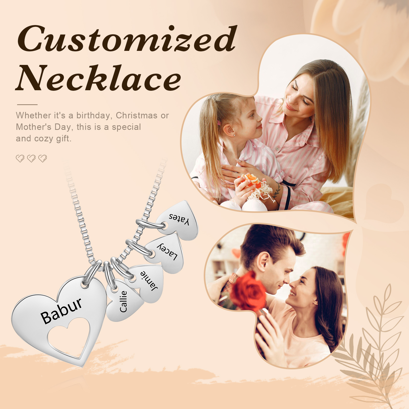 Personalised Necklace Heart Pendant Custom 2-5 Names Jewelry for Mothers' Day Gift | Jessemade